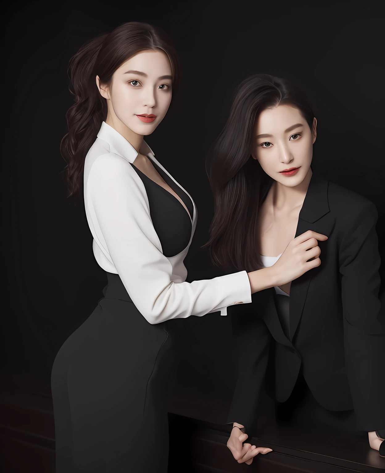 ((best qualtiy,realisticlying,8K HD,tmasterpiece:1.3)),focal:1.5,perfect bodies:1.3,(Short ponytail straight hair,Vertically smooth hair,A detailed:1.3)),((wetclothes:1.1),White premium brand fashion professional suit:1.3,(detailed outfits:1.3),(delicate stiletto heels crystal band sandals,high high quality:1.2)), Highly Detailed Face and Skin Textur, Fine Eye,二重まぶた,realistic pupil,skin lightening,Beautiful face,Swollen eyes,Healing is a smile,(female focus,Waist focus,close focus,hdr shot,20yr old,Raised breasts,no-bra,the areola is visible,With a petite figure,Slim:1.3,slenderlegs:1.3,beautiful night scene,Luxury office,floor to ceiling window,Long table,Double bed,Cocked buttocks:0.6,Playful and coquettish beautiful pose(full bodyesbian:1.8))