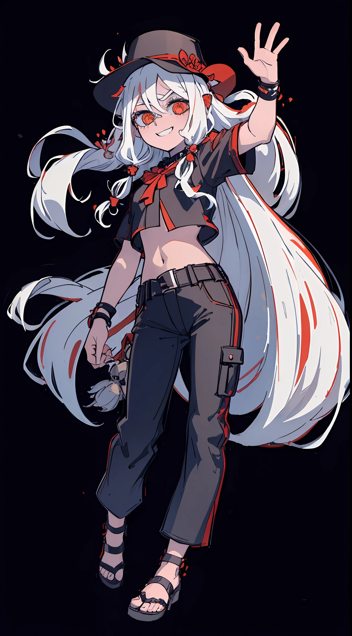 ( body:1.3), long white hair, red eyes, (masterpiece, best quality:1.2), (solo), (1girl), best quality, (photorealistic:1.4),ultra detailed, solo, (full body:1.5), love in eyes, blushing, cute, smile, black croptop outfit, long pants, black bucket hat, hands raised above the head