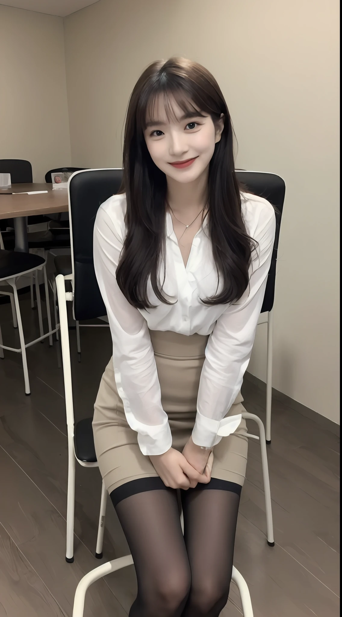 (1 Korean star with royal sister style), ((Best quality, 8K, 巨作: 1.3)), focal point: 1.2, Perfect body proportions: 1.4, (Make a smile), (Ray traching),Watery eyes, Highly Detailed Face and Skin Textur, Fine eyes, Double eyelids, Whitens the skin, (long whitr hair, Air bangs: 1.3), (face round: 1.5), (white shirt,Skirt that wraps hips: 1.4), (Sit on a high chair and show off your figure: 1.6),(black lence stockings: 1.4),(film grain style:1.3),a sense of atmosphere