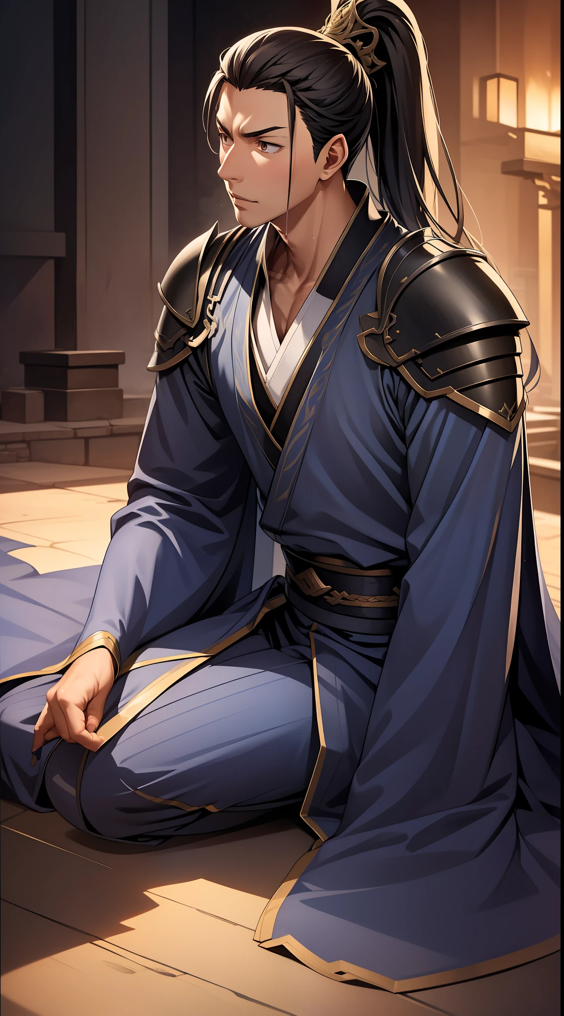 quadratic element,style of anime,mtu(Male Warrior),The proportions are correct,Face details,swordsmen,High ponytail hairstyle,Neck details,There is an Adam's apple,Blue suit,kaftan,long blue robes,clothes details,Handing over,longer sleeves,Game quality,Swordsmanship,Light and shadow tracking,Ray traching,detailed glow,cg render,hair detail,blue long hair,Blue ㇏ eyes,Handsome,Handsome,(juvenile sense),Clothing is complicated,Perfectcomposition,Refinement,high qulity,higher details,Lots of details,The background is complex,a sense of atmosphere,