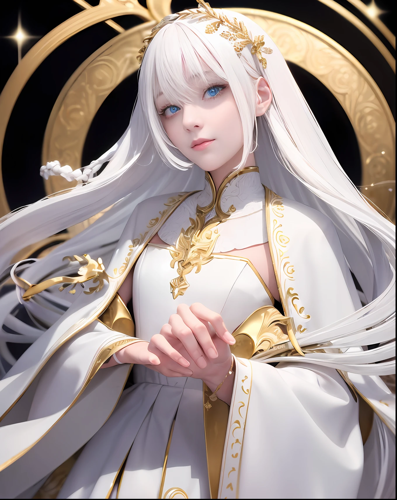best quality, masterpiece,white hair, gold eyes,white clothes, looking up, upper body,hair strand,Fair skin,side braids