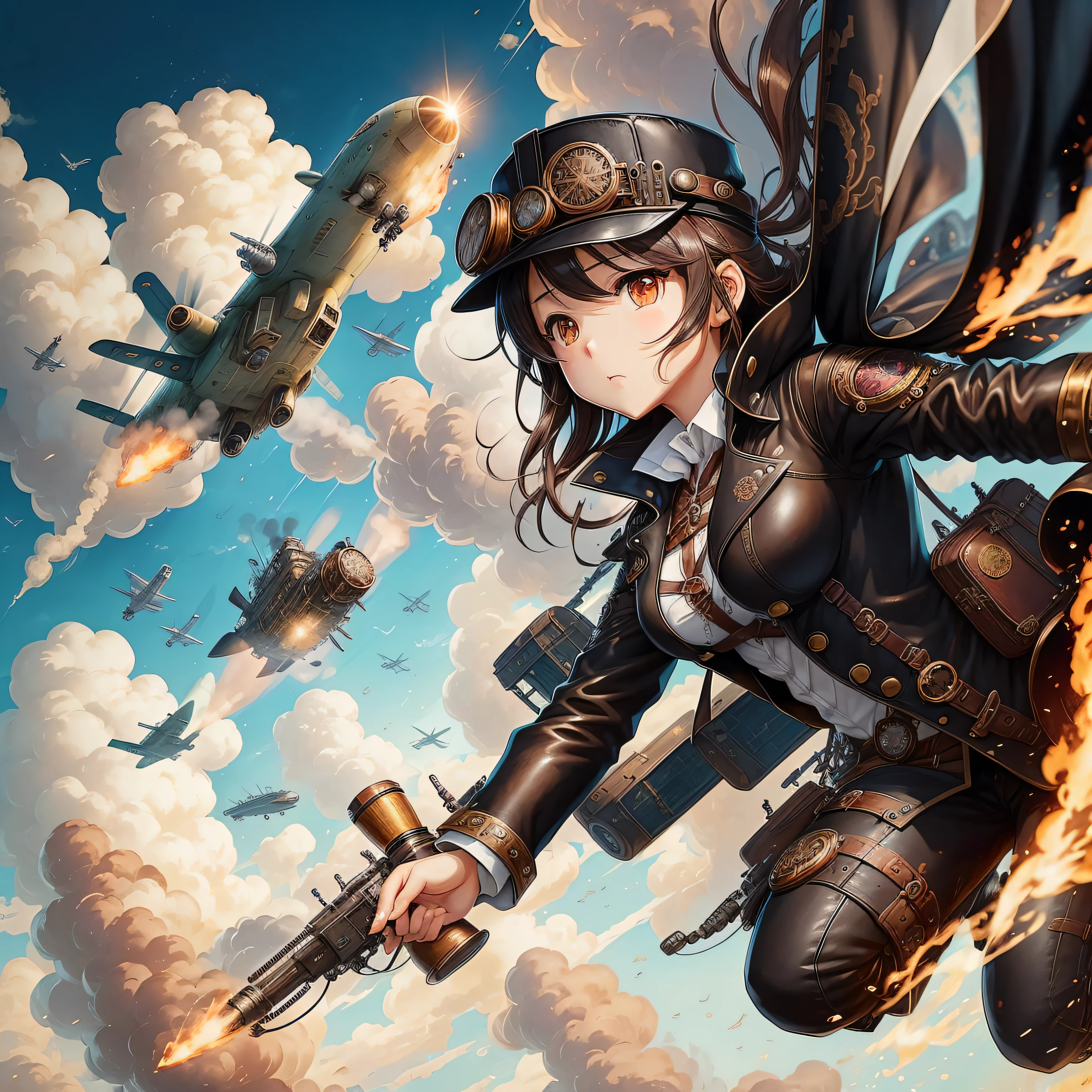 top-quality、detail portrayal、Smooth expression、Anime-style girl、Steampunk black leather coat、Countless gear and chronometer decorations、Flying airborne with steam engine、Fly at high speed、Pointing in the direction of travel、 --auto