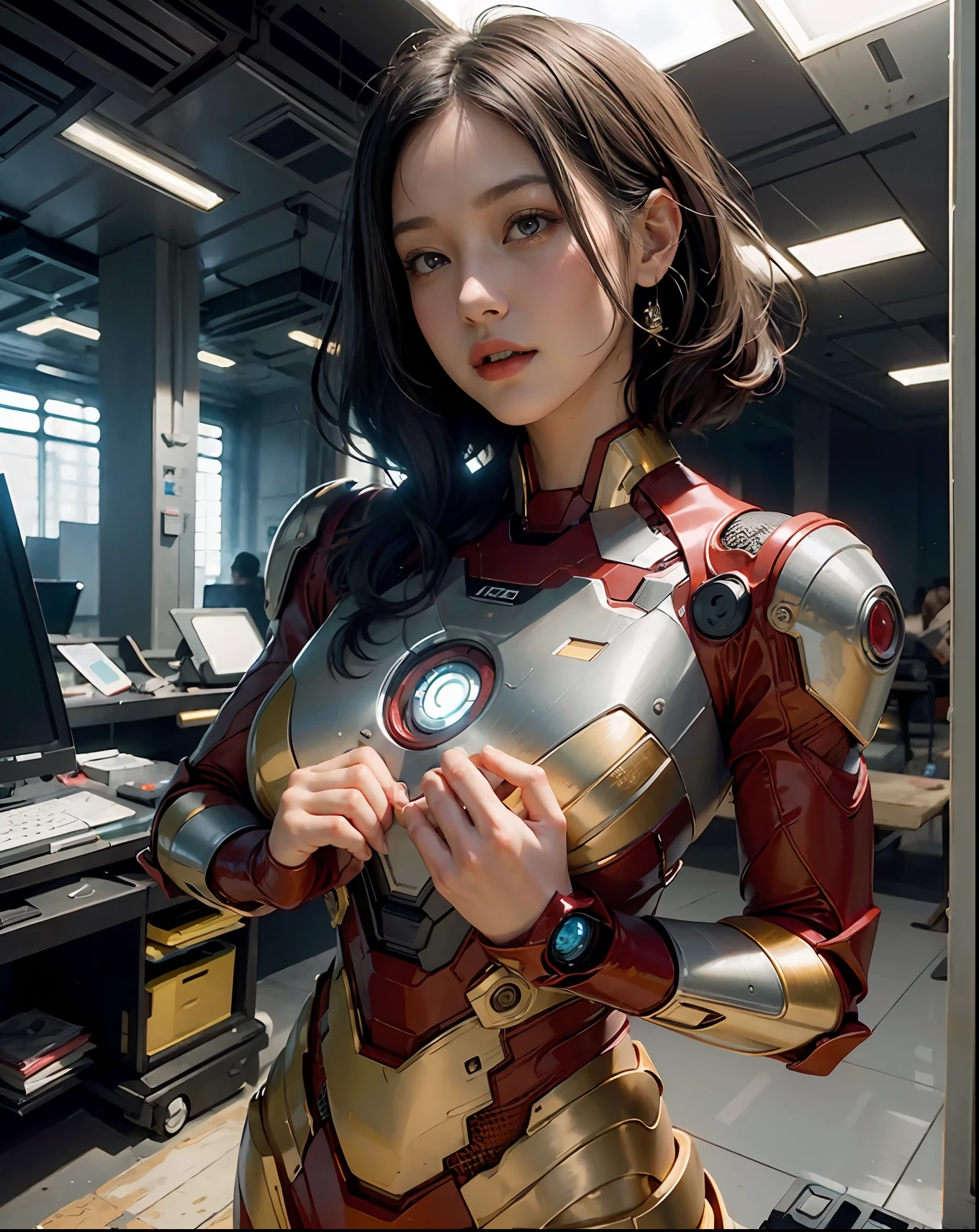 (1girl:1.3), solo,__body-parts__, official art, unity 8k wallpaper, ultra detailed, beautiful and aesthetic, beautiful, masterpiece, best quality, RAW, masterpiece, super fine photo,, best quality, super high Resolution, photorealistic, sunlight, full body portrait, stunningly beautiful,, dynamic pose, delicate face, vibrant eyes, (side view), she is wearing a futuristic Iron Man mech, red and gold, Highly detailed abandoned warehouse background, detailed face, detailed complex busy background, messy, gorgeous, milky, high detailed skin, realistic skin details, visible pores, sharp focus, volumetric fog, 8k uhd, dslr camera, High quality, film grain, fair skin, photorealism, lomography, sprawling metropolis in a futuristic dystopia, view from below, translucent