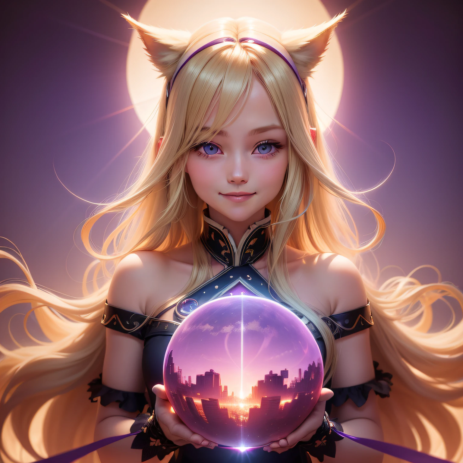 Light smile, Blonde hair, Long hair, hair over shoulders, Halo, Purple eyes, Fake animal ears, Light smile, surrealism, shadowing, anaglyph, stereograms, tachi-e, angle of view, Atmospheric perspective, 8K, Super detail, ccurate, Best quality