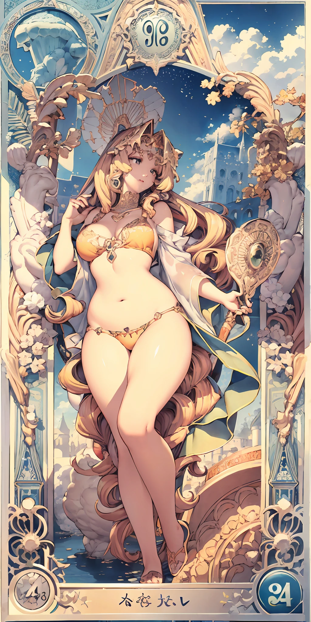 Aphrodite, Beauty, cupid，Plump and seductive goddess，full bodyesbian，Flower frame，Decorative panels， abstract artistic， Alphonse Mucha （tmasterpiece， best qualtiy， A high resolution： 1.4）， A detailed， Complicated details， 4K， Color splattering， Line art， Fibonacci， starrysky， natta， exteriors， Clouds， Reflectors， Eau， magick， （tarot cards），Cards， （（beautiful golden crystal star）） buliding， palaces， Patterned， Sumeru， Clouds， themoon