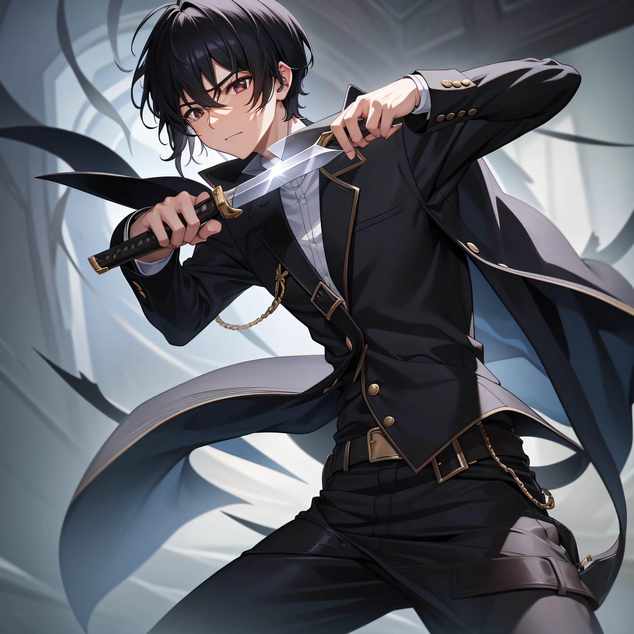 A black-haired boy holds a knife in his hand,tmasterpiece,A high resolution,style of anime