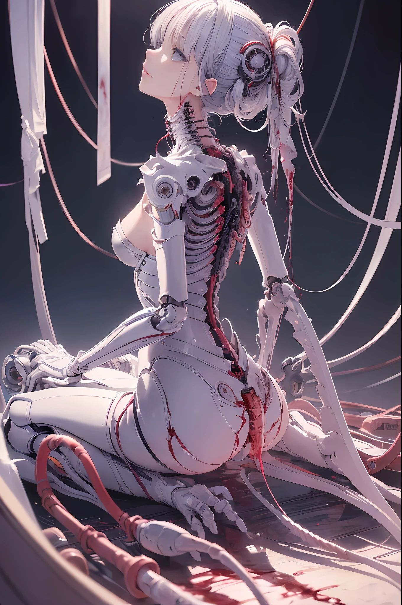 (masterpiece, top quality, best quality, official art, beautiful and aesthetic:1.2), (1girl:1.3), extreme detailed,colorful,highest detailed ((ultra-detailed)), (highly detailed CG illustration), ((an extremely delicate and beautiful)),(from side),cinematic light,((1mechanical girl)),solo,full body,(machine made joints:1.2),((machanical limbs)),(blood vessels connected to tubes),(mechanical vertebra attaching to back),((mechanical cervial attaching to neck)),(sitting),expressionless,(wires and cables attaching to neck:1.2),(wires and cables on head:1.2)(character focus),science fiction,white background,(blood:1.5)