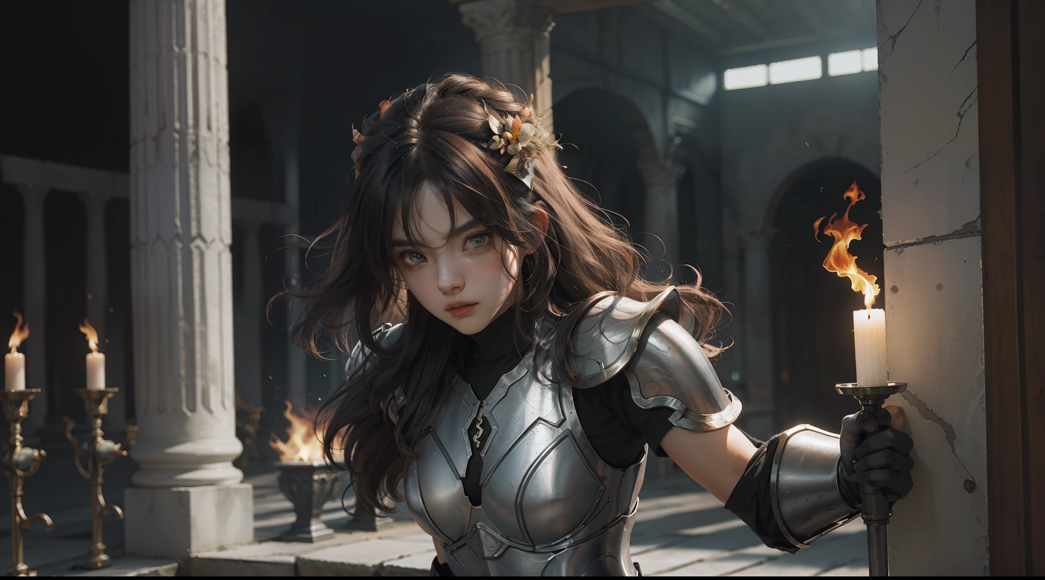 (Extremely detailed Cg Unity 8K wallpaper,Masterpiece, Best quality, Ultra-detailed, Beautiful detailed eyes:1.2),Best illumination, (Best shadow, An extremely delicate and beautiful, full bloom), 1girll,Solo,Large breasts，Heavy armor，complex patterns，Long hair,Holding a shield,Film filter, Hellfire,full bodyesbian,demon,Flame,Greek temple，dramatics，dynamicposes，illusory engine， (High detail: 1.9)