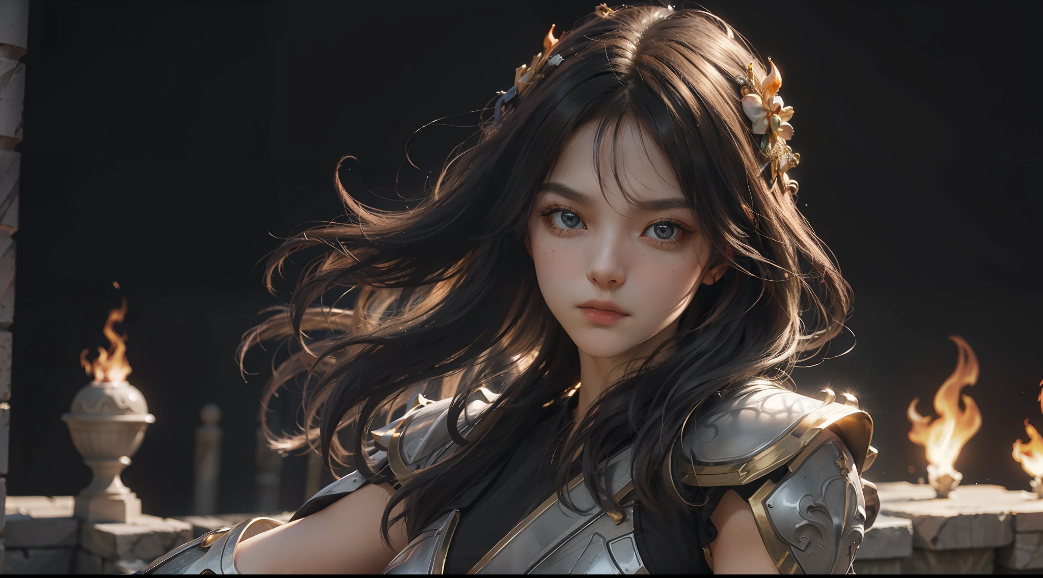 (Extremely detailed Cg Unity 8K wallpaper,Masterpiece, Best quality, Ultra-detailed, Beautiful detailed eyes:1.2),Best illumination, (Best shadow, An extremely delicate and beautiful, full bloom), 1girll,Solo,Large breasts，Heavy armor，complex patterns，Long hair,Holding a shield,Film filter, Hellfire,full bodyesbian,demon,Flame,Greek temple，dramatics，dynamicposes，illusory engine， (High detail: 1.9)