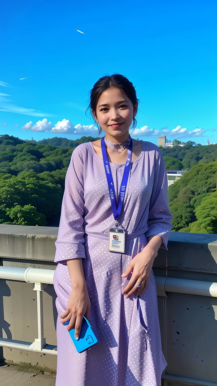 woman in purple dress standing on a bridge with a blue lanyard, during sunset, candid picture, background is heavenly, very very low quality picture, with lovely look, candid photo, connected with hanging bridge!!, in sunny weather, beautiful view, with a happy expression, candid photograph, at college, with sunset, assamese aesthetic, with earth in the background