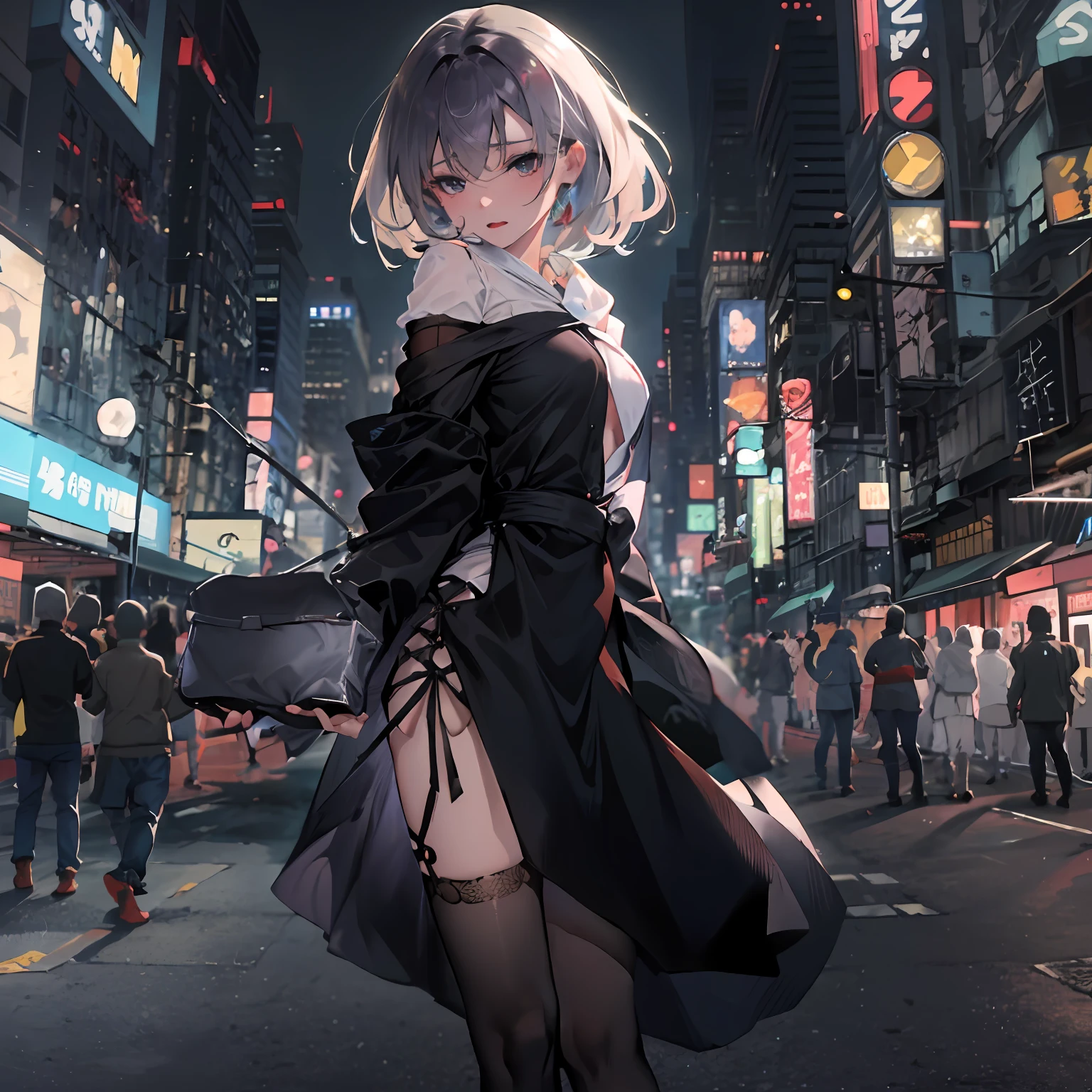 (8K、RAW Photos、top-quality、​masterpiece:1.2)。(realisitic、Photorealsitic:1.37)。女の子1人。japanes。Gamine。femele。tokyo streets。natta。profetional lighting。Photon mapping。Radio City。Colossal tits。See-through shirt。The tips of the are sticking out。areola protruding。The shape of the pubic area is clearly visible。gals。Lots of lashes。Pure black eyeshadow。Pitch black lip。Pitch black heels。A slender。crotch open。My are big and are about to spill out of my bra。