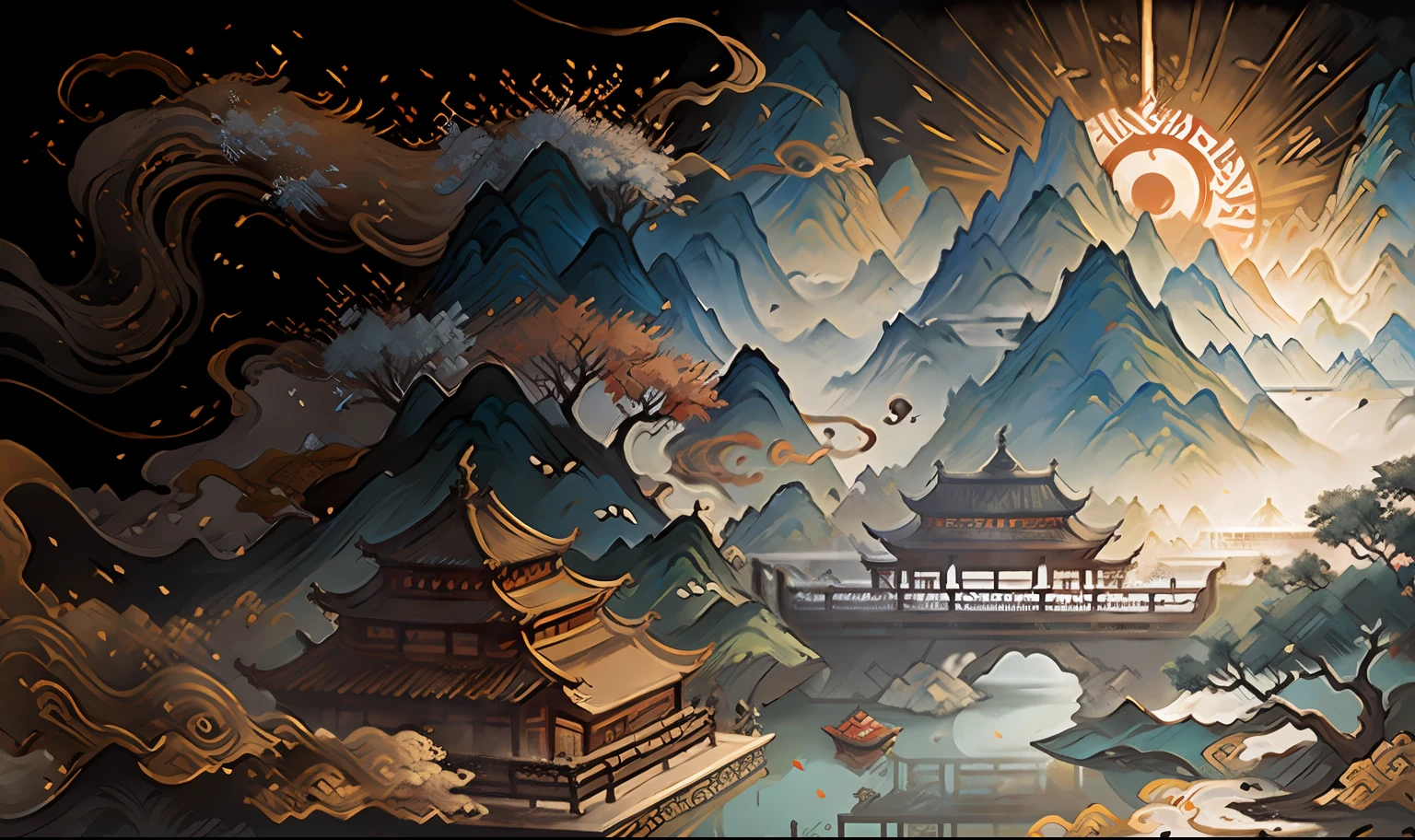 An ancient Chinese painting, ancient Chinese background, mountains, rivers, auspicious clouds, pavilions, sunshine, masterpieces, super detail, epic composition, ultra HD, high quality, extremely detailed, official art, unified 8k wallpaper, Super detail, 32k -- v 6