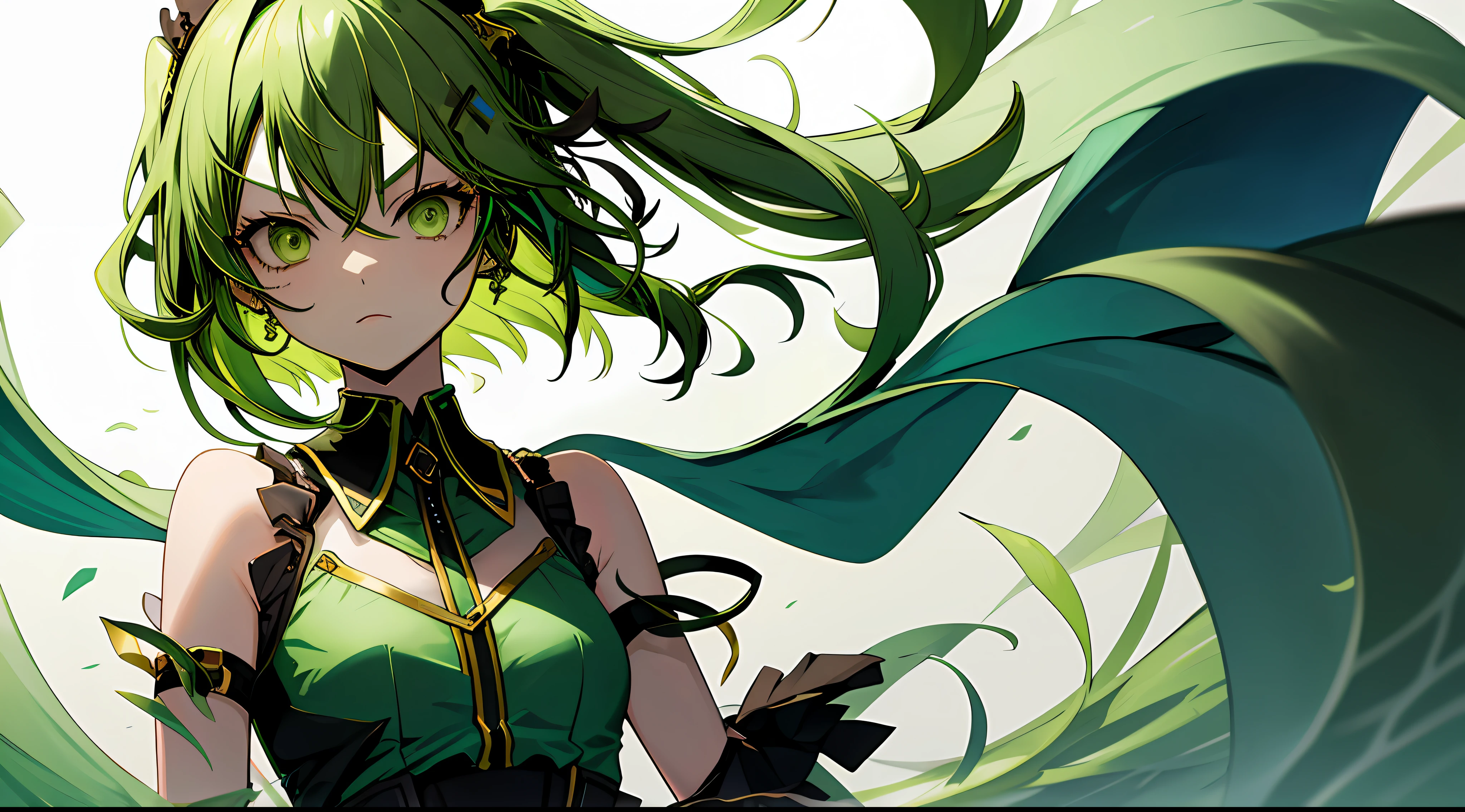 1girl in, Upper body, light green hair, , Gumi,Dark look,Serious