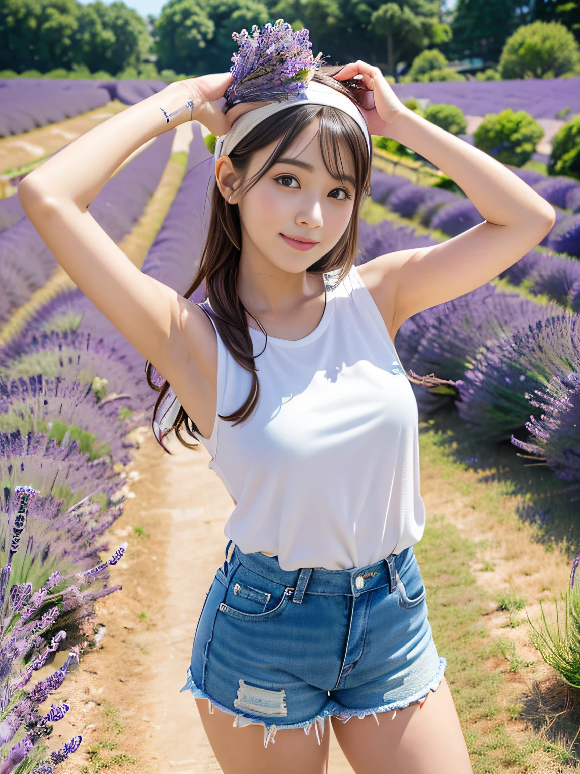8K、Raw photography、(masuter piece:1.2)、(Photorealsitic:1.2)、(best qualtiy)、((Cute adult woman wearing white sleeveless and shorts and floral ornament on her head))、((japanes、25-years old))、Light brown hair in one woman、((full body Esbian))、make - up、Smart body and big、A smile、Poses variadas、hyperdetailed face、A detailed eye、((No close-ups))、(Lavender fields、blue-sky)