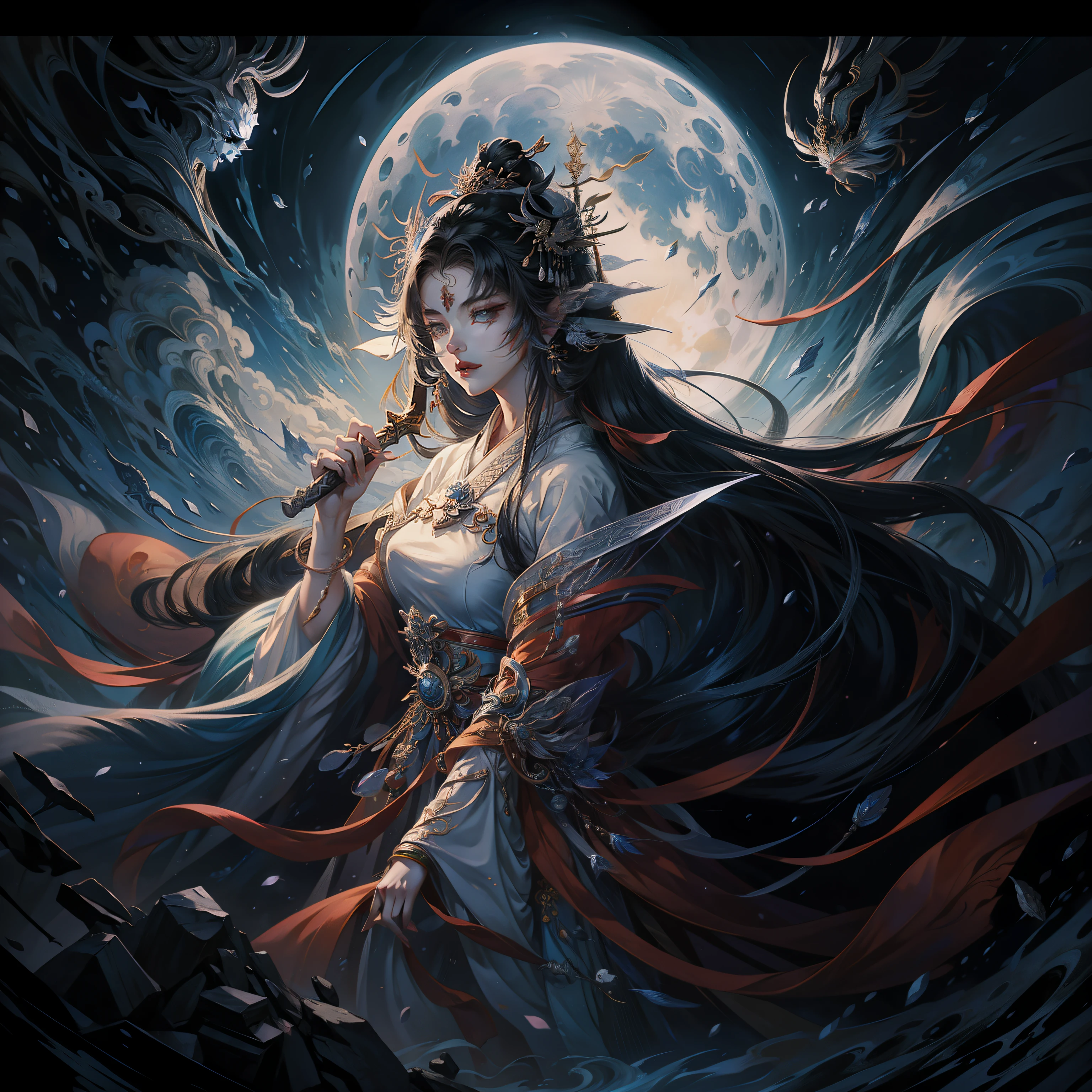 offcial art，Extremely detailed，Anime girl with sword and moon in background, lunar themed attire, lunar goddess, Goddess of the moon, trending on cgstation, Onmyoji detailed art, xianxia fantasy, lunar goddess, queen of the sea mu yanling, Beautiful celestial mage, heise jinyao, inspired by Luo Mu, G Liulian art style