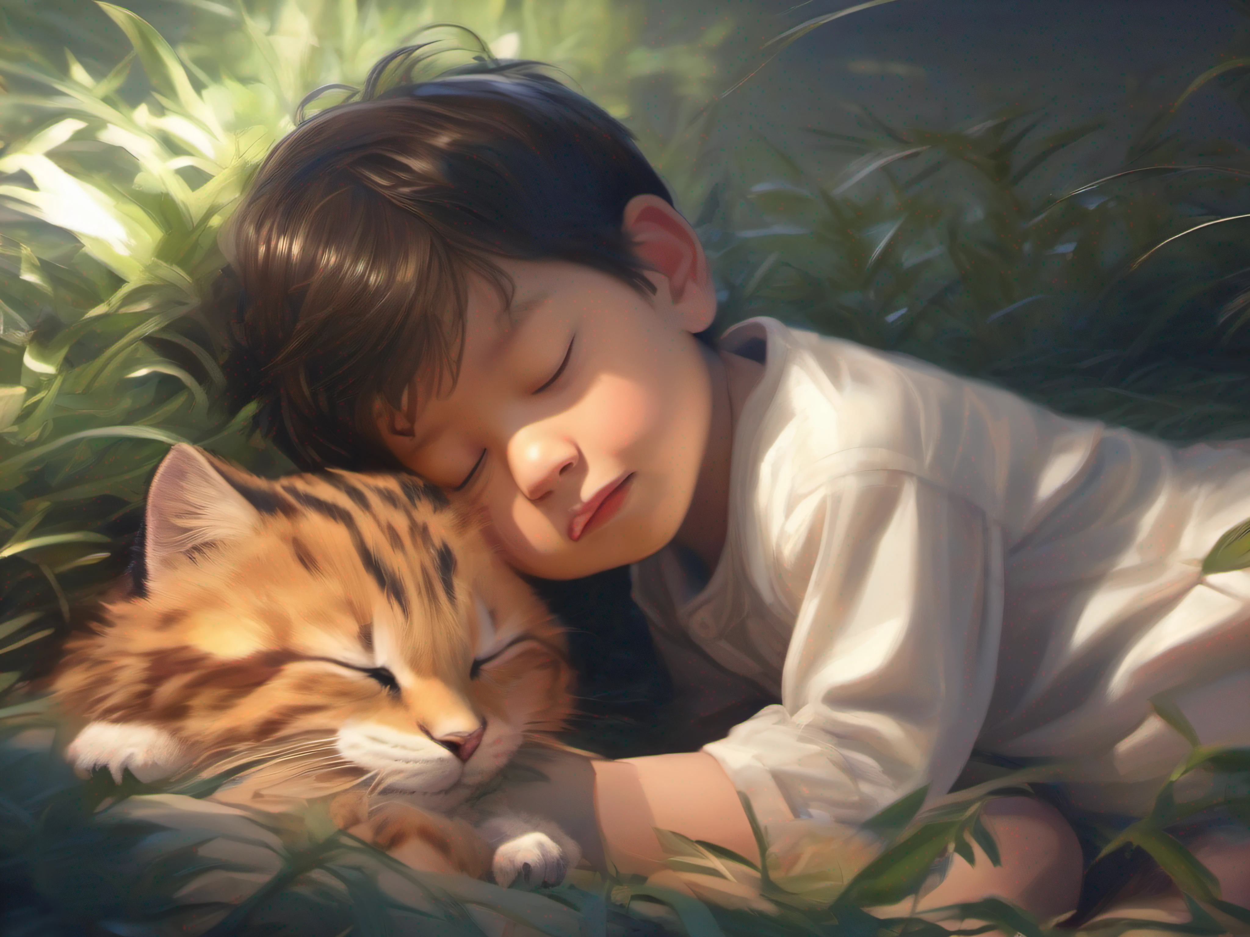 a baby boy sleeping on a big cat, ((baby boy)), ((child)), baby cute face, detail face, focus on face, ross tran and studio ghibli, beautiful digital artwork, detailed digital anime art, beautiful avatar pictures, by Jin Nong, makoto shinkai cyril rolando, adorable digital painting, best quality, masterpiece:1.4, extremely detailed, 8k, high quality, cinematic, hyperrealistic, absurdres, octane render, fantastic realism, vibrant color, high detail, rich textures, accurate anatom, natural form, symmetrical, flawless, high-resolution, depth-filled, polished, consistent style, innovative design, perfect proportions, properly aligned features, precise, harmonious colors, soft lighting, creative, fluid movement, intricately detailed, dynamic perspective, balanced composition, 3-dimensional, natural posing, high contrast)