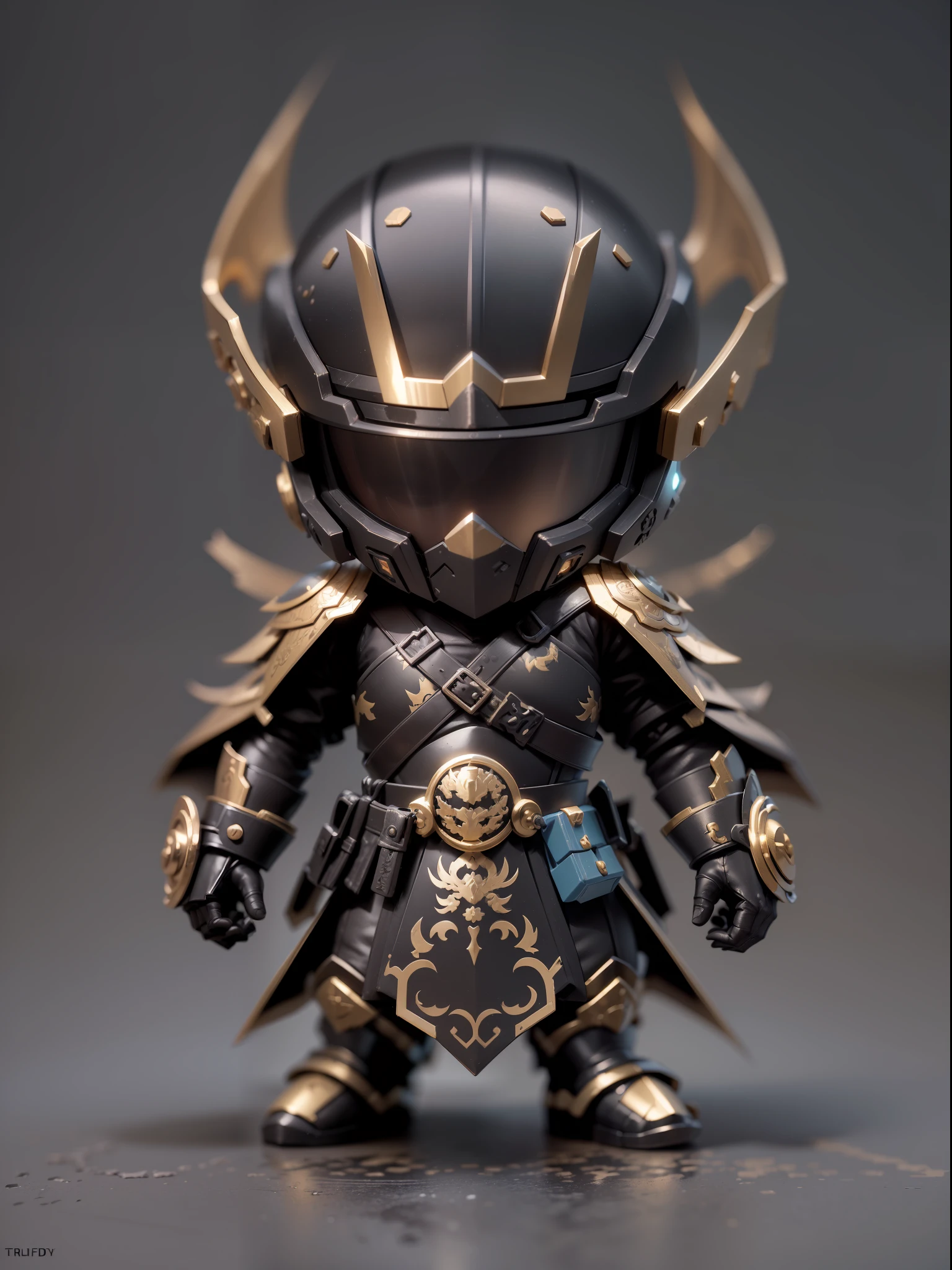(Blind box toy style:1.2), (Full body shot) , 1 Metal cute swordsman ,Metal armor, Combat damage helmet:1.2, circular base, China-style, dreamy glow, Dirty, Black background, Black gold style( Global illumination, Ray traching, hdr, unreal render,reasonable design, high detal, Masterpiece, Best quality, hyper HD, Cinematic lighting)