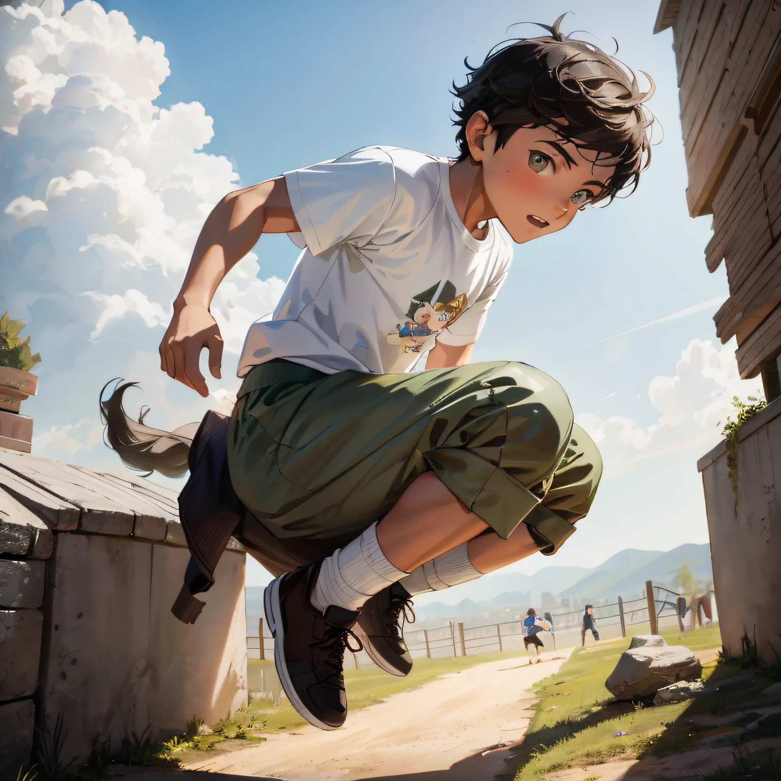 Boy jumping in the air, parkour, Dynamic!!, leaping into the air, leaping towards viewer, Boy, wide angle portrait of astroboy, Leaping, author:Francesco Raibolini, Awesome, raphael personnaz, jumping towards viewer, author:Giulio Clovio, jumping at the viewer, alexey egorov