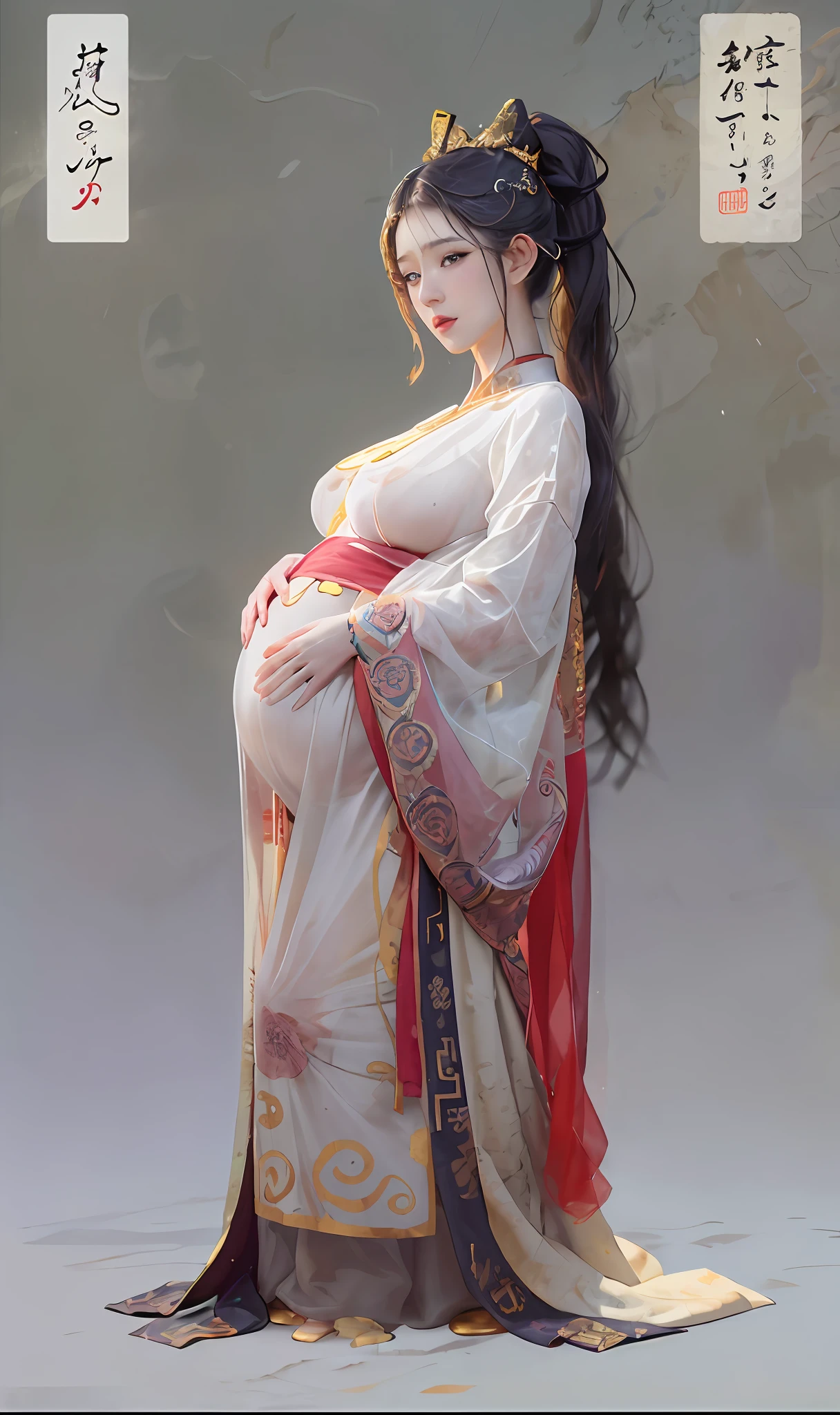 portlate、realisitic、Photorealsitic、Hugh Lowry、as a white stone marble figure、Under the guise of a famous ancient statue、Costumes in the style of ancient China、See-through silk underwear、Maximum big breasts、Pregnant Woman、Big belly if the biggest、Trained lower body、big butts、Sit down and hold hands、Skin Detail:0.5