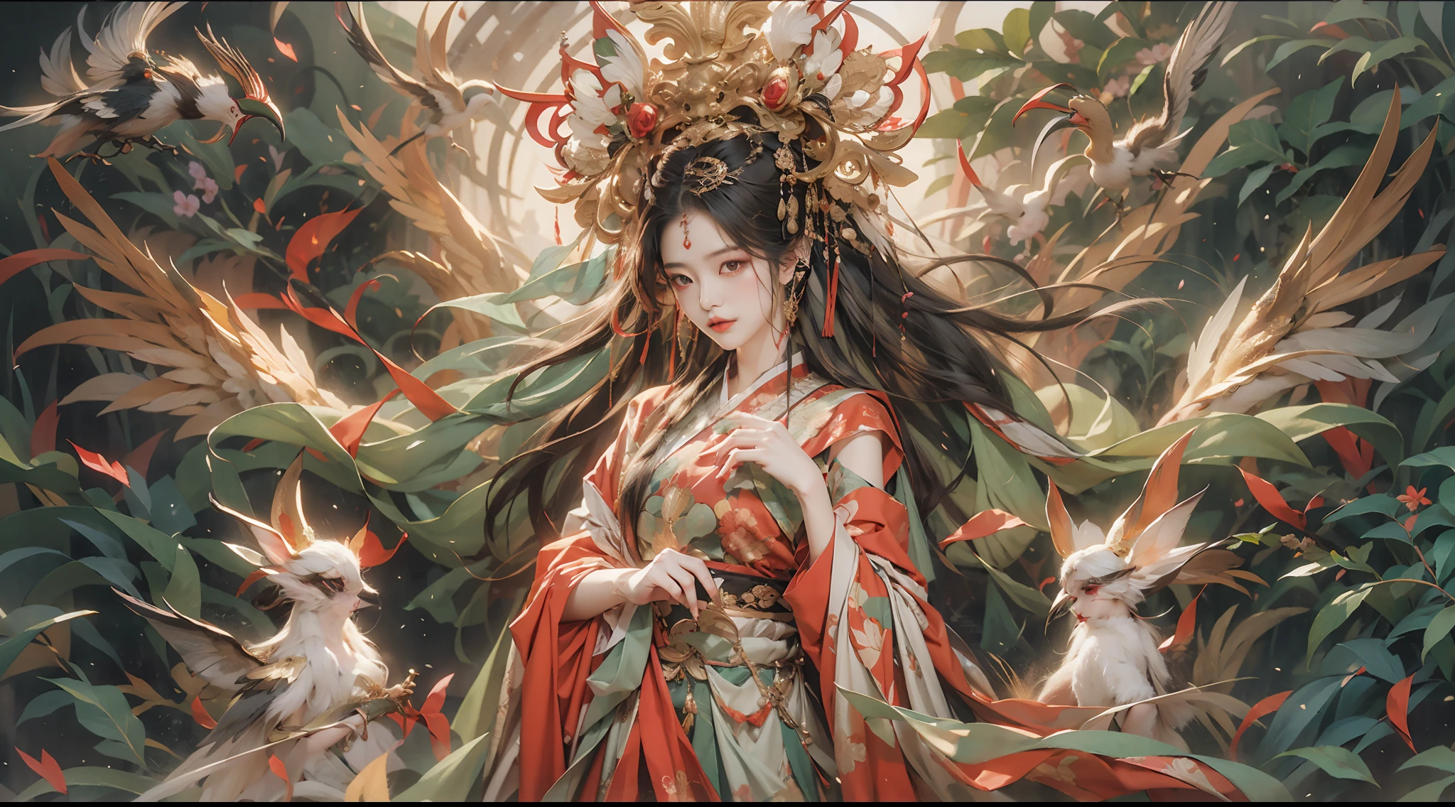 offcial art，Extremely detailed，oil painted，sputtering，Buddhism，Immortal，1girll，Peerless looks, non blurry，Red eyeshadow，light make-up，Gorgeous damask and silk accessories，Gorgeous feathers and headdresses，Elongated human fingers，had his hands folded，Chinese immortals，Female fairy，The sleeves flutter，The scarf ribbon flutters，ssmile，The girl is in the center of the frame，The green plant background wall is crawled with antique screens，Full of fairy，The is very detailed，Ultra-high sharpness，超高分辨率，8K，Ray traching，lightand shade contrast，Deng Huang mural，realisticlying，3D，half-body photo，