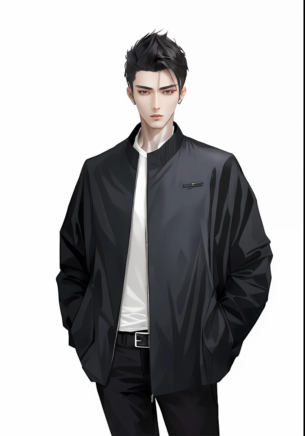 Anime - Stylistic illustration of a man in a black jacket and white shirt, attractive androgynous humanoid, Anime handsome man, Inspired by Zhang Han, androgynous person, Delicate androgynous prince, handsome guy in demon killer art, Beautiful androgynous prince, androgynous vampire, androgynous male, Male anime style, handsome male vampire