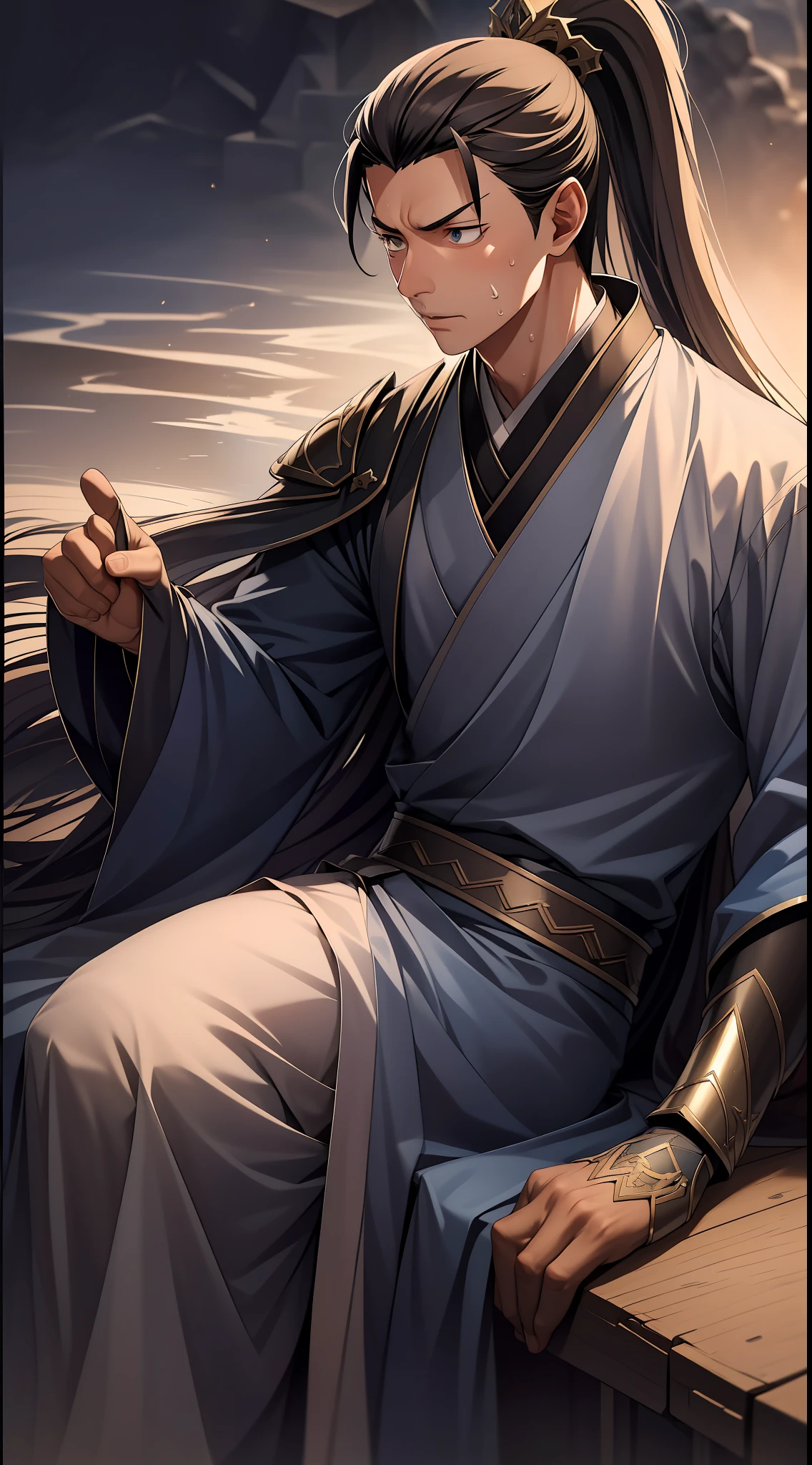 quadratic element,style of anime,mtu(Male Warrior),The proportions are correct,Face details,swordsmen,High ponytail hairstyle,Neck details,There is an Adam's apple,Blue suit,kaftan,long blue robes,clothes details,Handing over,longer sleeves,Game quality,Swordsmanship,Light and shadow tracking,Ray traching,detailed glow,cg render,hair detail,Blue long hair,blue colored eyes,Handsome,Handsome,(juvenile sense),Clothing is complicated,Perfectcomposition,Refinement,high qulity,higher details,Lots of details,The background is complex,a sense of atmosphere,