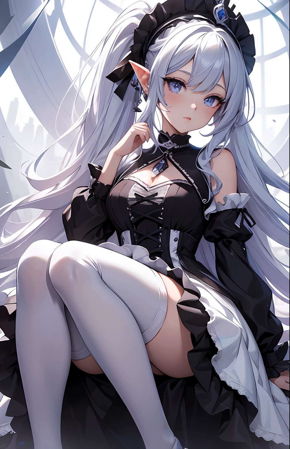 best qualityer，tmasterpiece，Ultimate resolution，downy，Extremely colorful，Colorful，Elven girl，complete body，Black and white double ponytail，Lolita long dress， White stockings Long legs，Muffin shoes，closeup of face