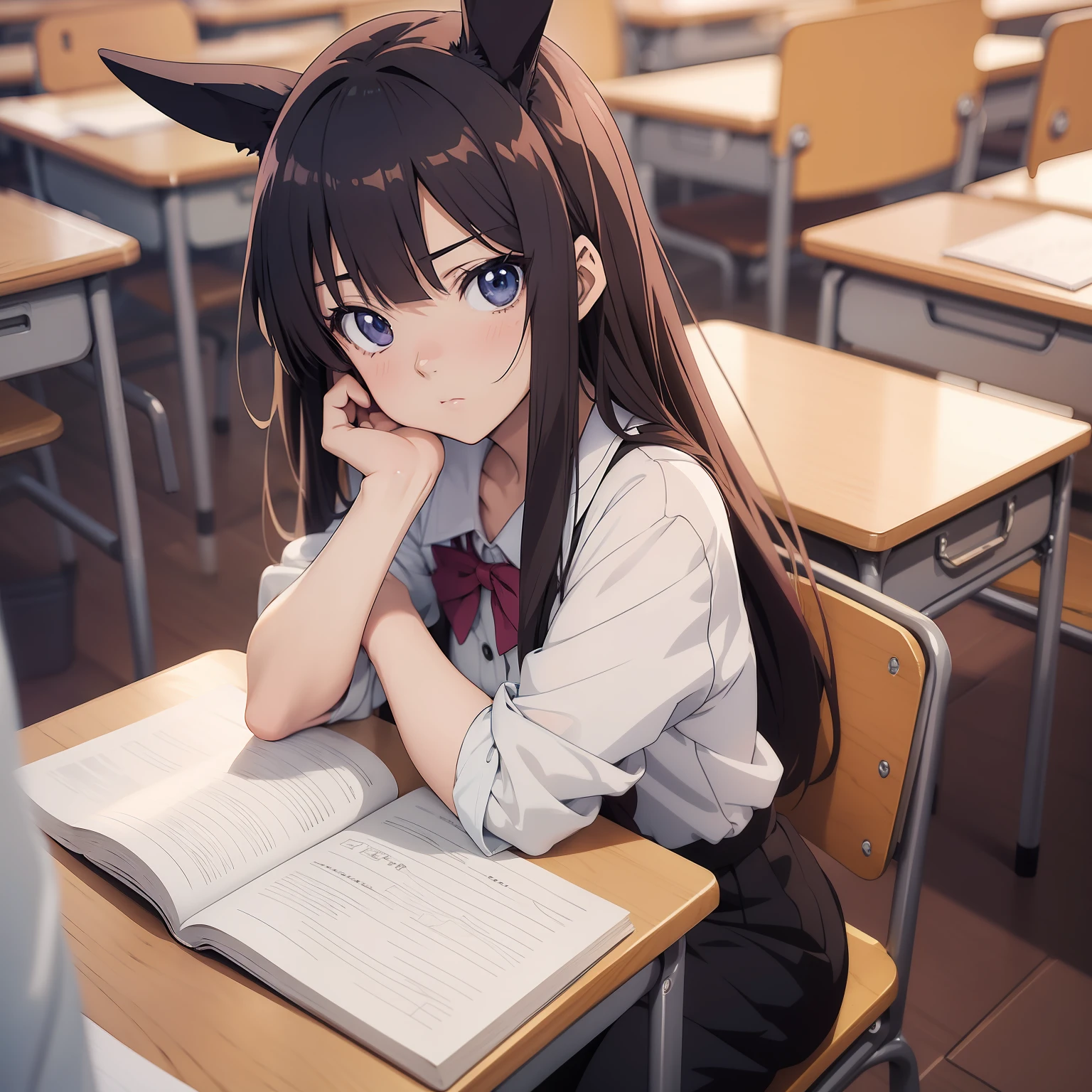 (anime styled:1.4)Rabbit-eared girl Studying in the classroom Seat next to you Eyes meet Troubled face scinematic angle softfocus