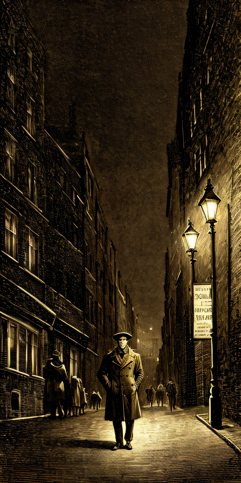 gustavedore draw style , realistic illustration of a detective  wearing (trench coat:1.1) and hat , in a victorian london city at night, city, epic lighting, cinematic lighting,  high res, (detailed image:1), insane details,   (highly detailed:1.2)