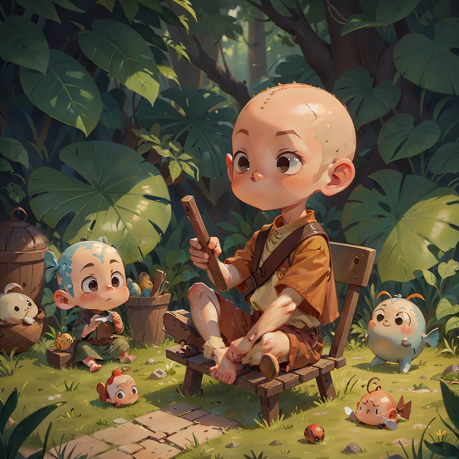 A small monk,bald-headed,Sit cross-legged on the ground,Knock wooden fish in your hand,Chanting,Turn sideways towards the camera,In front of the body is a table