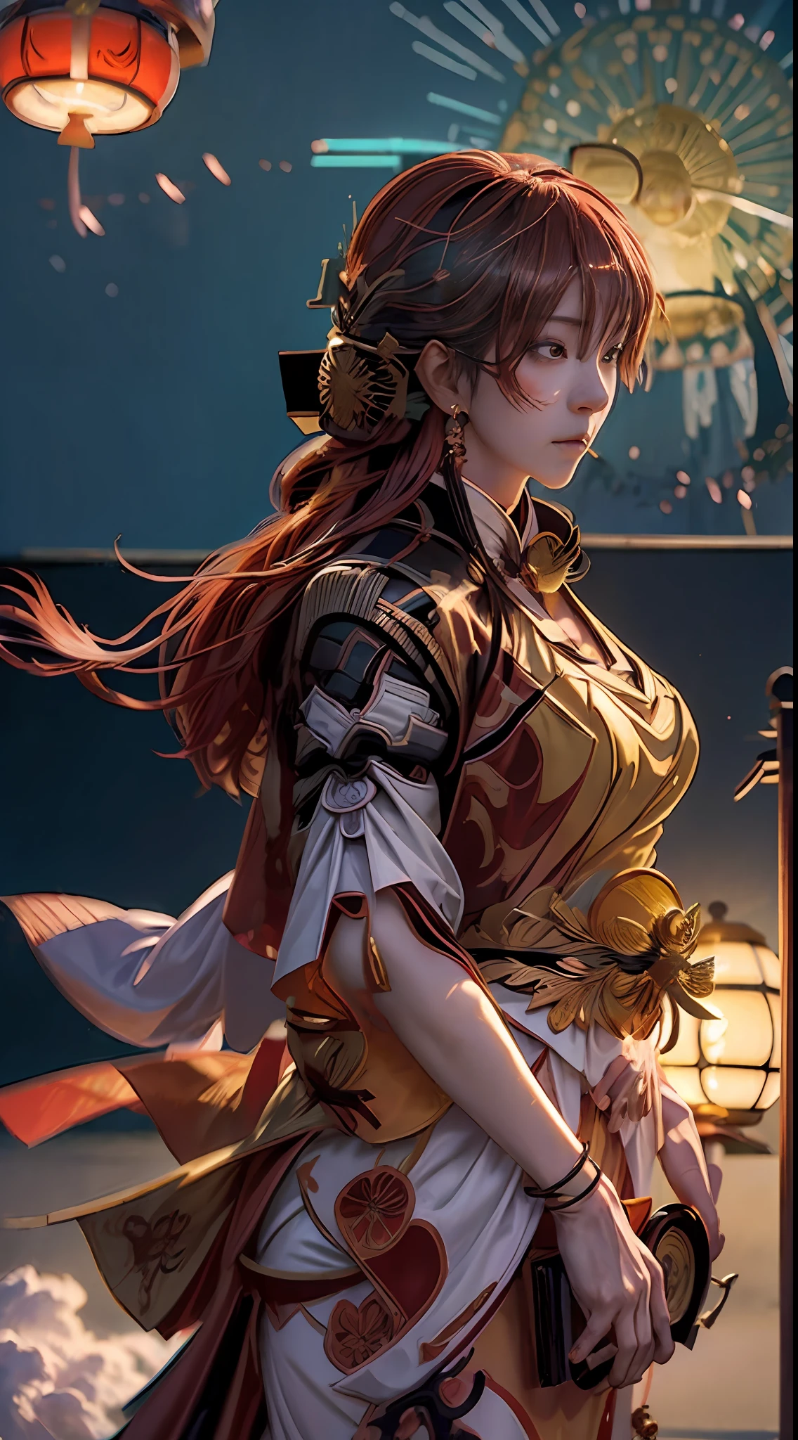 (Japanese Witch:1.5),Kikyou,(Kagura Bell:1.5),Kamiyama,Torii,the setting sun,strong winds,god light, detail shaded, dream colors,low angles,dream magical