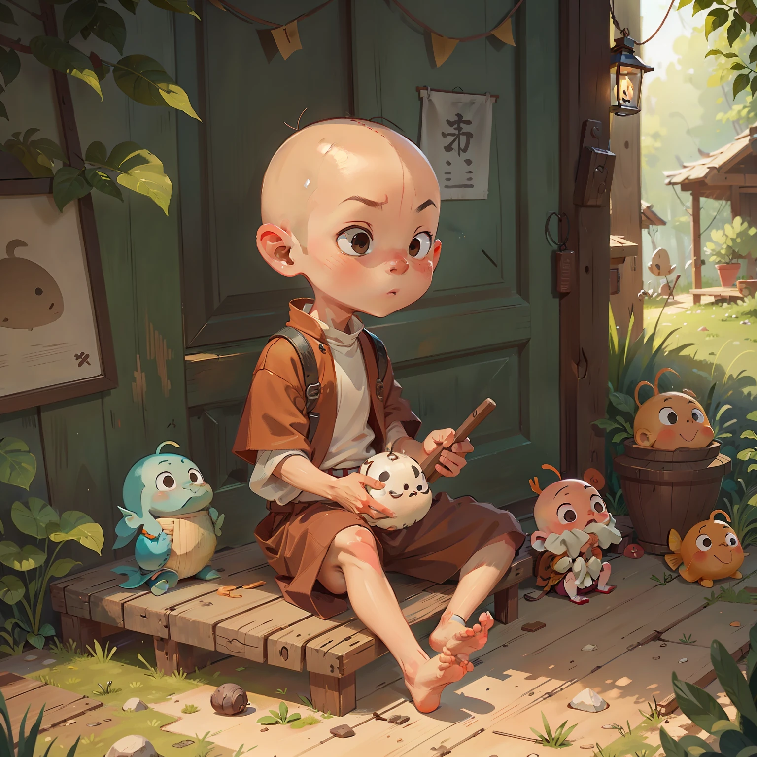 A small monk,bald-headed,Sit cross-legged on the ground,Knock wooden fish in your hand,Chanting,Turn sideways towards the camera,In front of the body is a table