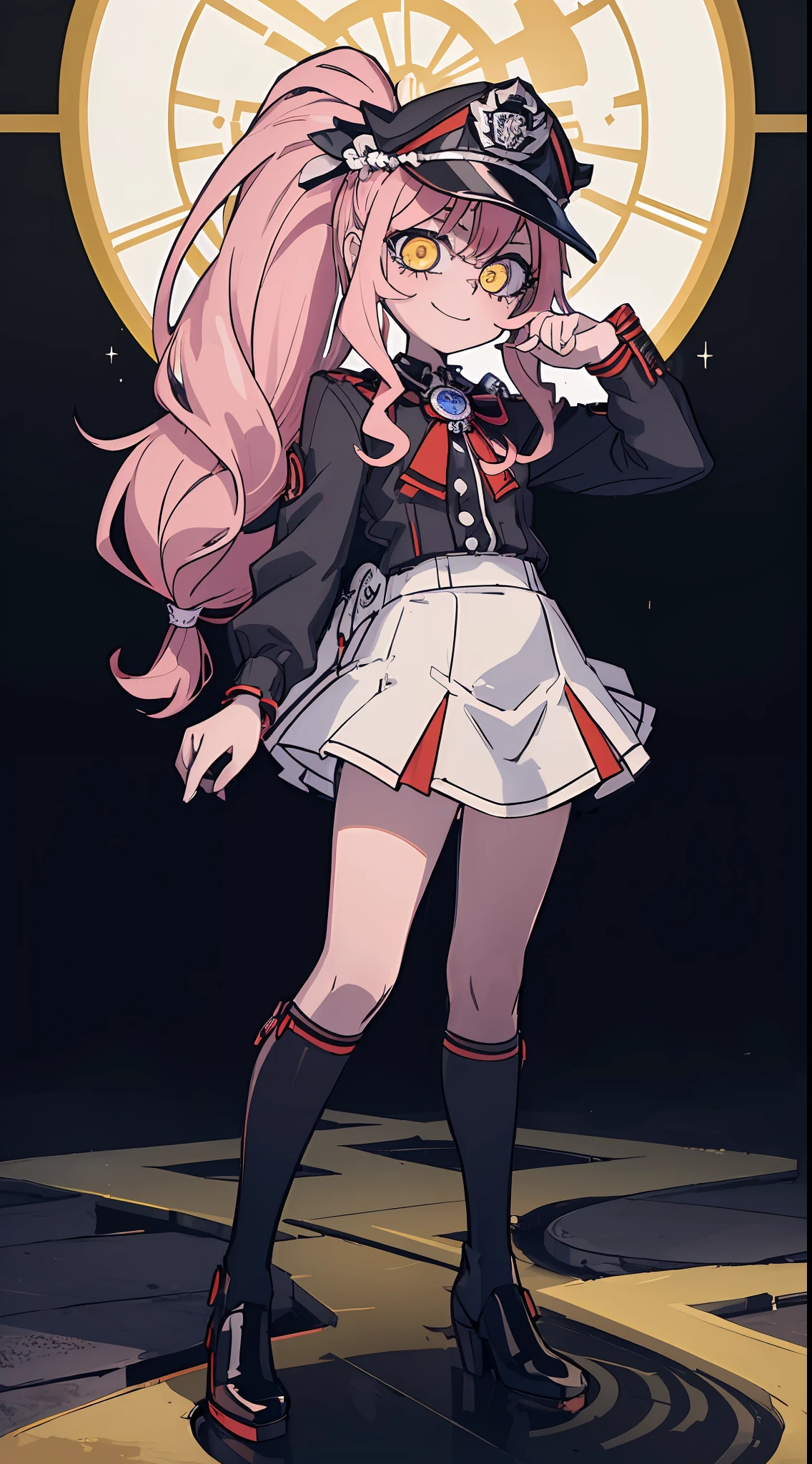 (child body:1.3), looking at viewer, long pink hair, yellow eyes, standing, (masterpiece, best quality:1.2), (solo), (1girl), best quality, (photorealistic:1.4),ultra detailed, solo, (full body:1.5), love in eyes, double ponytail, blushing, cute, smile, black white police outfit, black white police hat, red tie, long sleeves, miniskirt