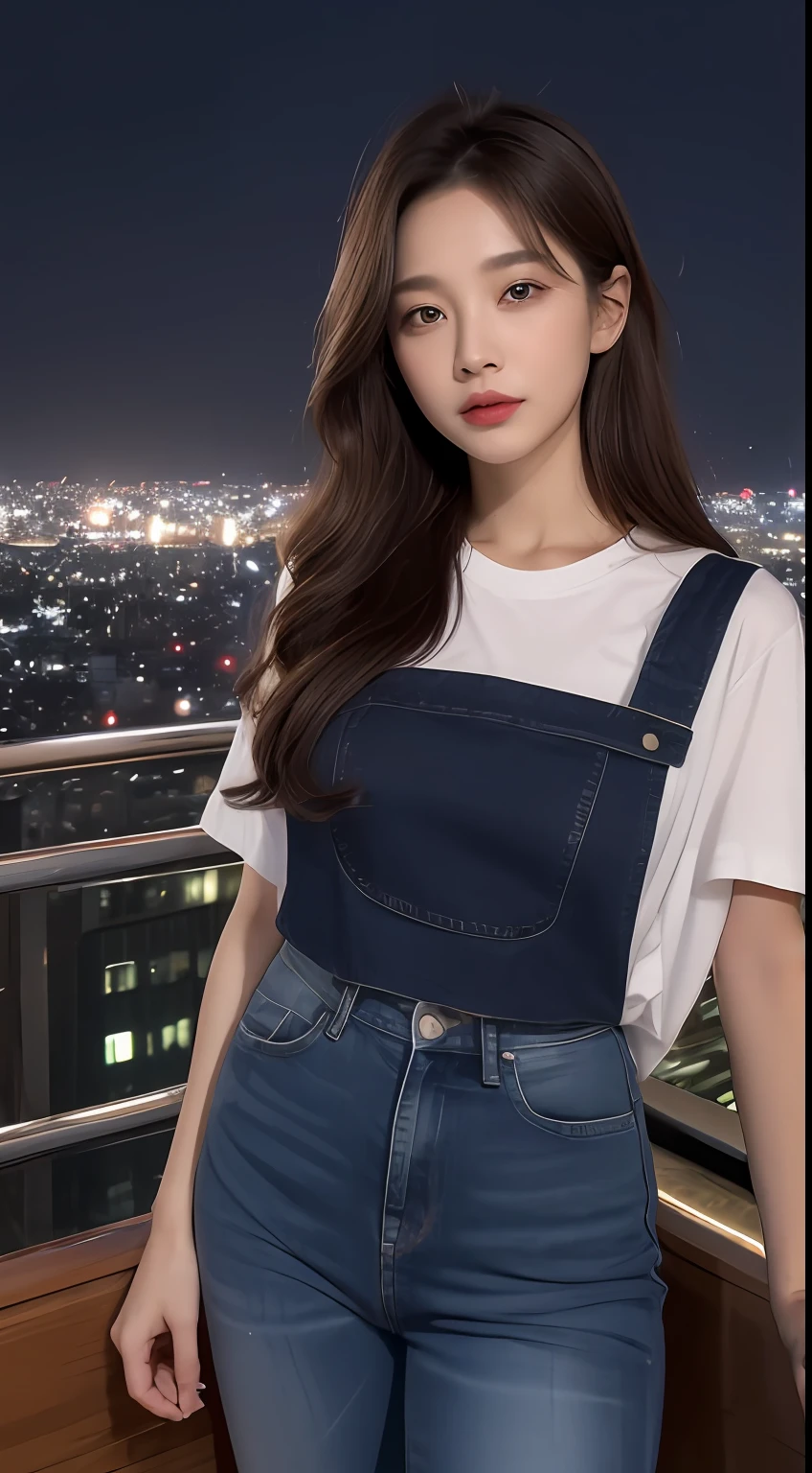 ((Midnight, Best quality, 8k, Masterpiece :1.3)), Whole body, Long legs, Sharp focus :1.2, A pretty woman with perfect figure :1.4, Slender abs :1.1, ((Dark brown hair, Big breasts :1.2)), (White tight tshirt, Jean bib, Standing:1.2), ((Night city view, Rooftop:1.3)), Highly detailed face and skin texture, Detailed eyes, Double eyelid