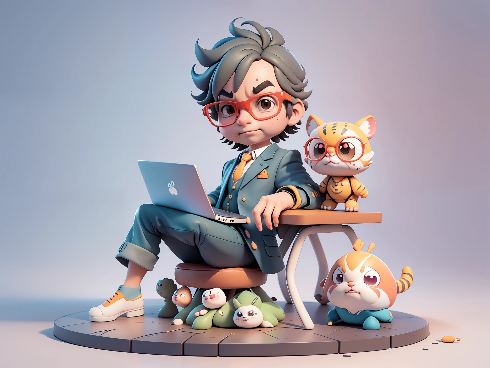 A young man in a suit and trousers，Short hair and glasses，Sitting at your desk，holding laptop，digitial painting，cartoonish style，4K HD illustration，Very detailed facial features，tigre，Mark Clairdon，by Pixar，3D character design：Hayao Miyazaki and Akira Toriyama, Cartoon-style visuals。