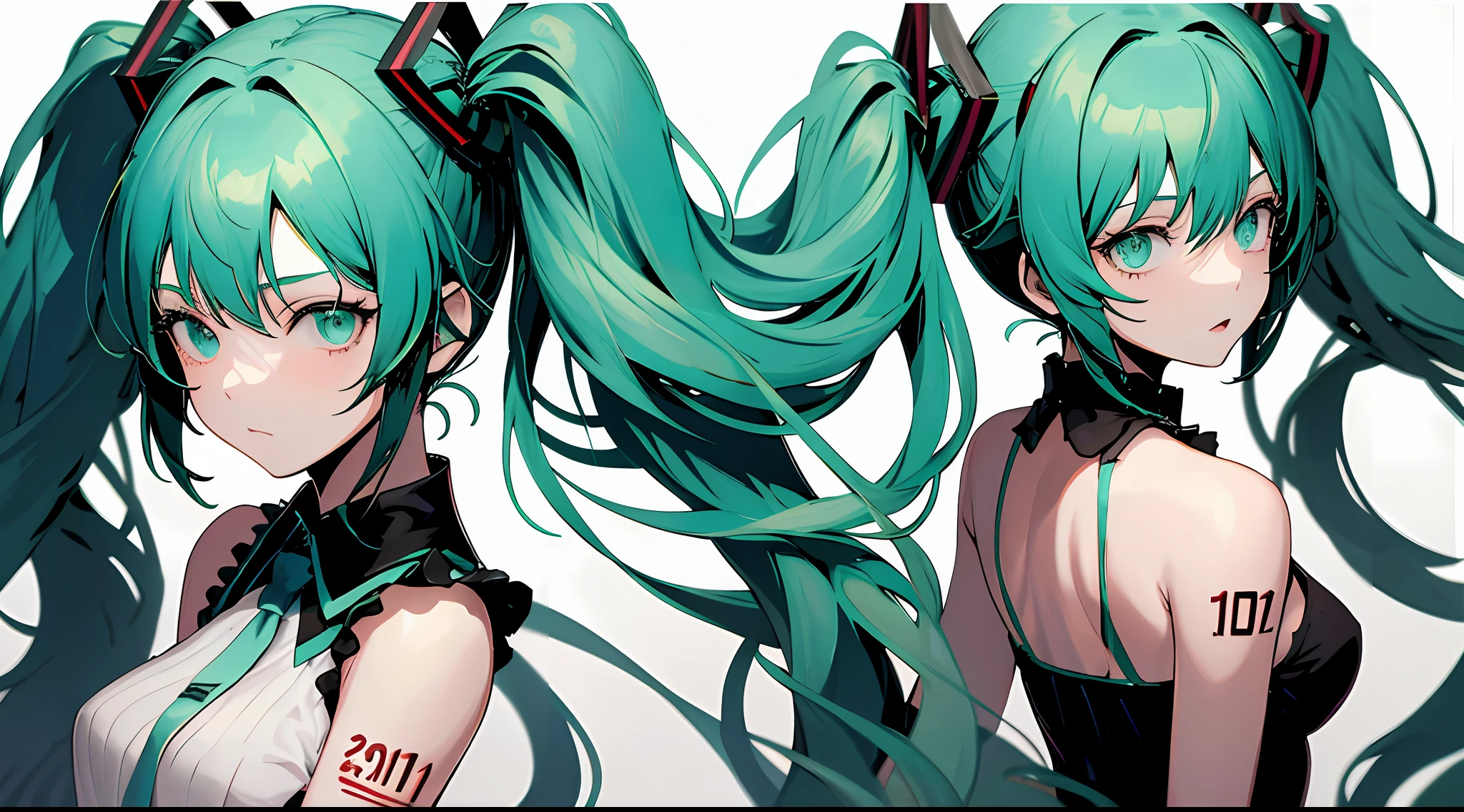 1girl in, Upper body, light green hair, miku hatsune,posterior view,Dark look
