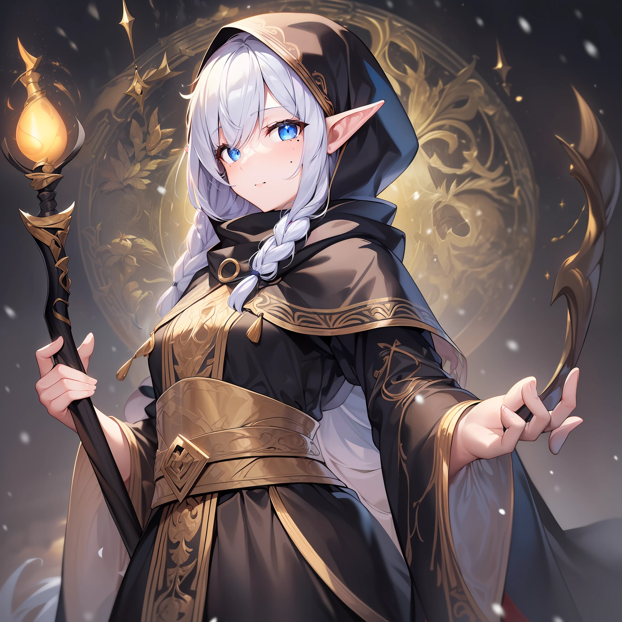 (Golden ratio:1.2),[(Black background:1.4)::10],(Masterpiece), (Best quality), (Ultra detailed),(Disheveled hair),(illustration)(细腻细致), (Intricate details), (Cinematic light, 最优质的背光), 清晰的线条, From below, 独奏，(1girll),(genie,pointy-eared:1.3),(The witch in Snow White:1.3),Ugly girl,(Humpback is short:1.3),Flower silver hair,(Long flowing hair,(/Ultra-fine hair details)/),(/The side hair is tied with a small braid/),Blue eyes,Cloudy pupils,(Beauty mole,There is a black mole in the lower right corner of the right eye:1.4),Facial wrinkles,(senior citizen:1.3),(Wrapped in a black cloak:1.3)+(A quarter of the face is covered by a hood:1.4),(He holds an oak staff in his left hand:1.3)+(This staff is the staff of the druids:1.3),(Aging body:1.2),(In a black wood:1.3)+[(Inception:1.2)],hyper HD, retinas, Anatomically correct, Textured skin, Super detail, Best quality, A high resolution