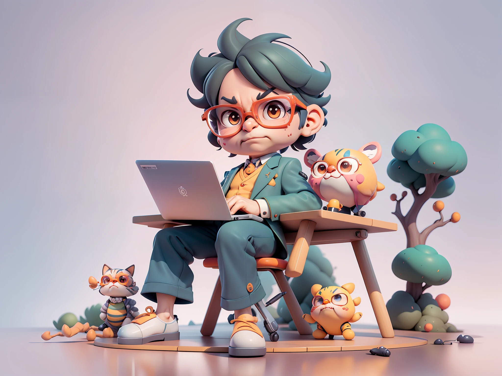 A young man in a suit and trousers,Short hair and glasses,Sitting at your desk,holding laptop,digitial painting,cartoonish style,4K HD illustration,Very detailed facial features,tigre,Mark Clairdon,by Pixar,3D character design:Hayao Miyazaki and Akira Toriyama, Cartoon-style visuals。