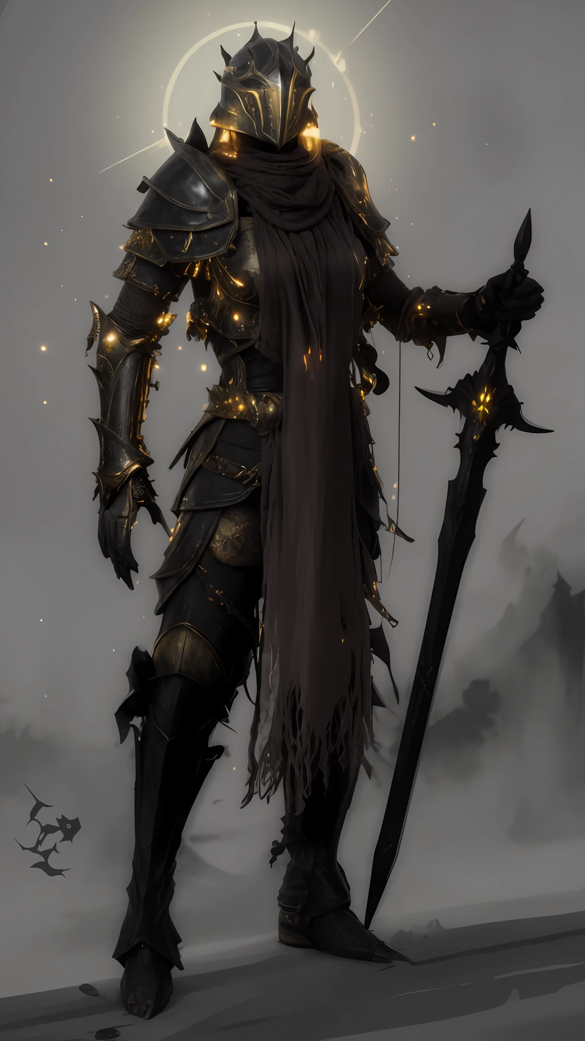 uma mulher de armadura segurando uma espada, design de personagens de fantasia sombria, Conceito de armadura de alma escura, arte conceitual de fantasia sombria, personagem de fantasia complexa, Armadura preta e dourada, Armadura preta e dourada, arte conceitual sombria, cavaleira morta-viva, armadura escura, epic exquisite character art, conceito de personagem de fantasia heroica, Arte conceitual de um guerreiro, conceito detalhado de corpo inteiro, conceito de personagem de fantasia, 4K, extremamente realista, texturas realistas, textura realista de ferro, textura realista de tecido, luzes douradas brilhantes, corpo femenino