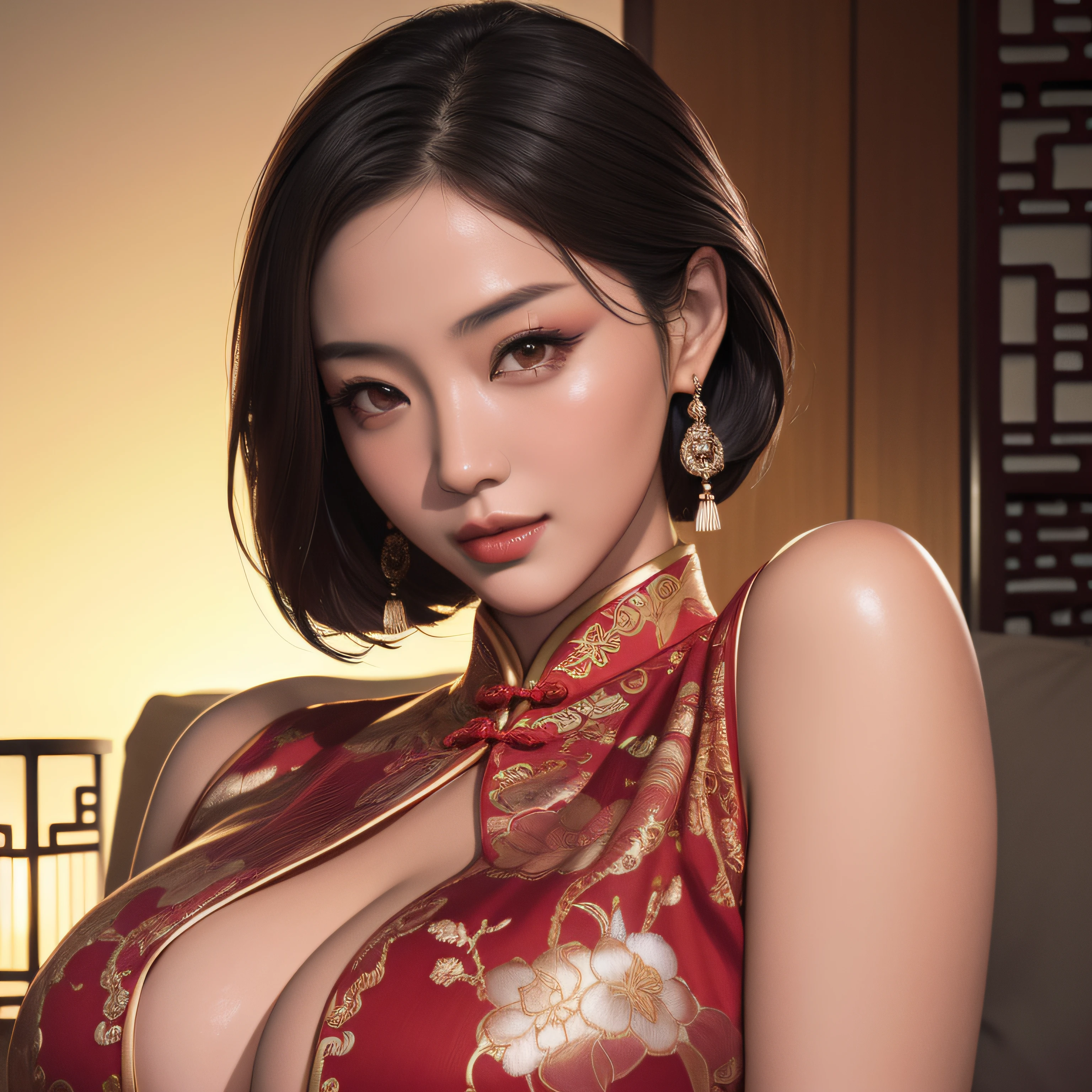 a Chinese woman wearing a cheongsam, (((masterpiece))), ((best quality)), ((intricate detailed)), ((Hyperrealistic)), absurd res, milf, mature woman, perspective, highly detailed, illustration, 1girl, ((large breasts)), perfect hands, detailed fingers, beautiful detailed eyes, updo hair, brown eyes, ( sexy chinese dress:1.2), earrings, detailed background, perfect eyes, seductive eyes, looking at the viewer, from front
