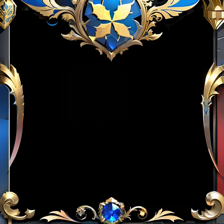 with black background,Game avatar frame,Red and blue color scheme,Ornate metal décor,There are two crossed swords at the top,There is a blue gemstone at the bottom