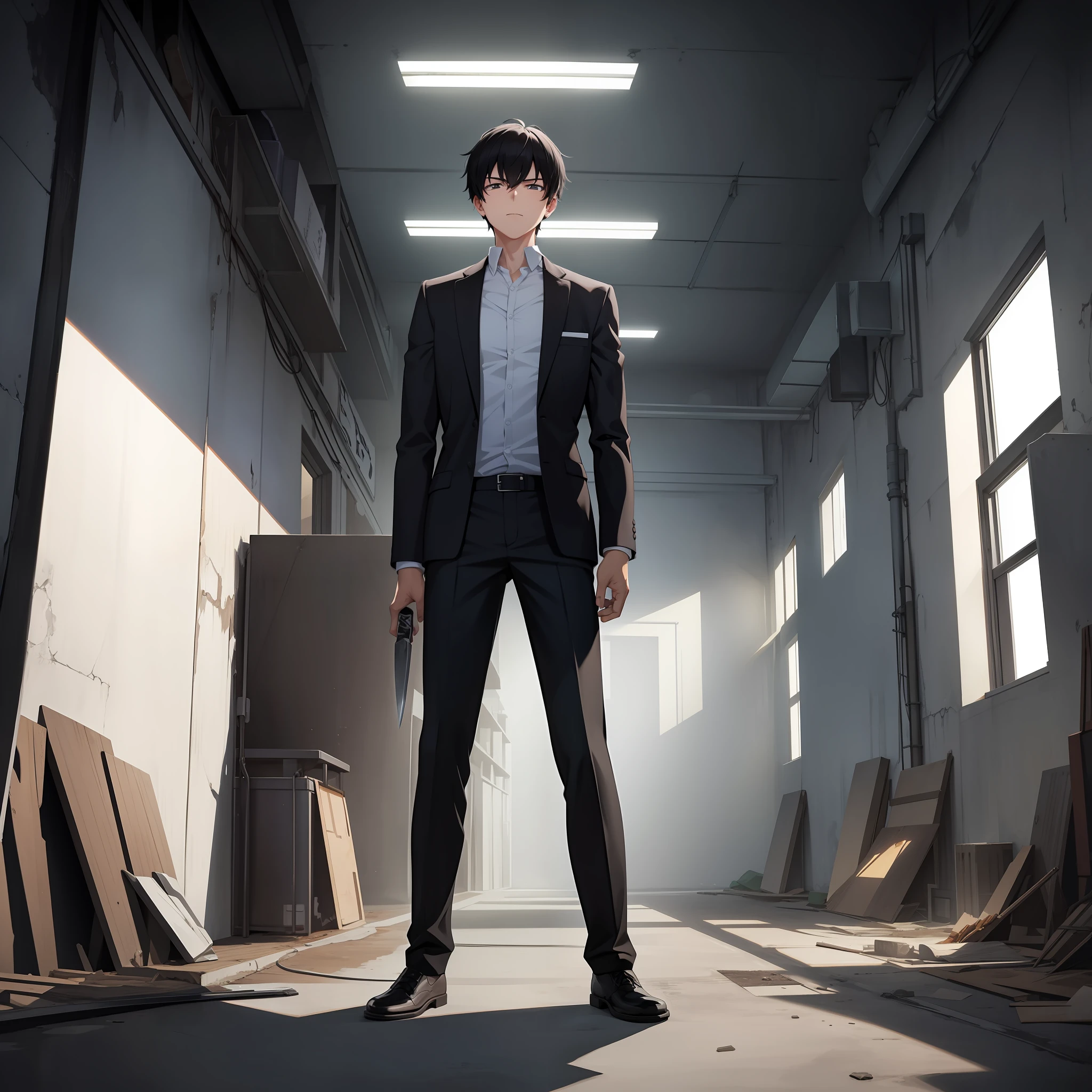 A black-haired boy stands in an abandoned warehouse with a knife in his hand,tmasterpiece,A high resolution,style of anime,School uniform