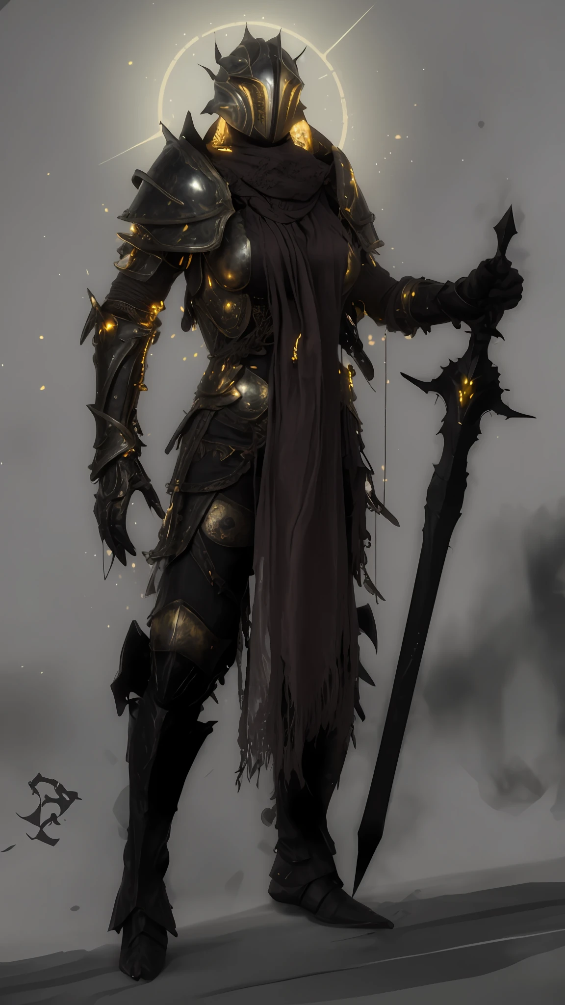 uma mulher de armadura segurando uma espada, design de personagens de fantasia sombria, Conceito de armadura de alma escura, arte conceitual de fantasia sombria, personagem de fantasia complexa, Armadura preta e dourada, Armadura preta e dourada, arte conceitual sombria, cavaleira morta-viva, armadura escura, epic exquisite character art, conceito de personagem de fantasia heroica, Arte conceitual de um guerreiro, conceito detalhado de corpo inteiro, conceito de personagem de fantasia, 4K, extremamente realista, texturas realistas, textura realista de ferro, textura realista de tecido, luzes douradas brilhantes, corpo femenino