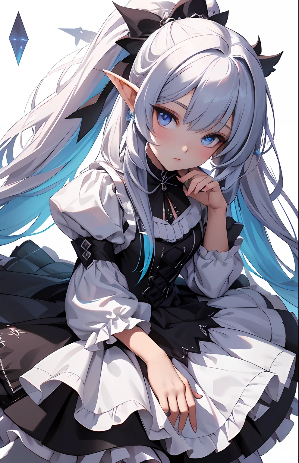 best qualityer，tmasterpiece，Ultimate resolution，downy，Extremely colorful，Colorful，Elven girl，Complete body，Black and white double ponytail，Lolita long dress， white stockings ，two longer legs，Muffin shoes，closeup of face