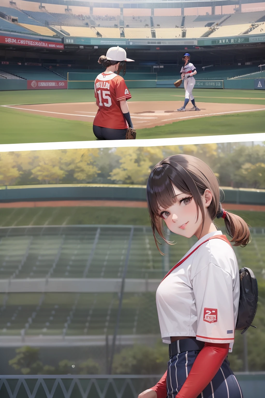 1 woman、Baseball Uniforms、baseball field、Looking at the camera