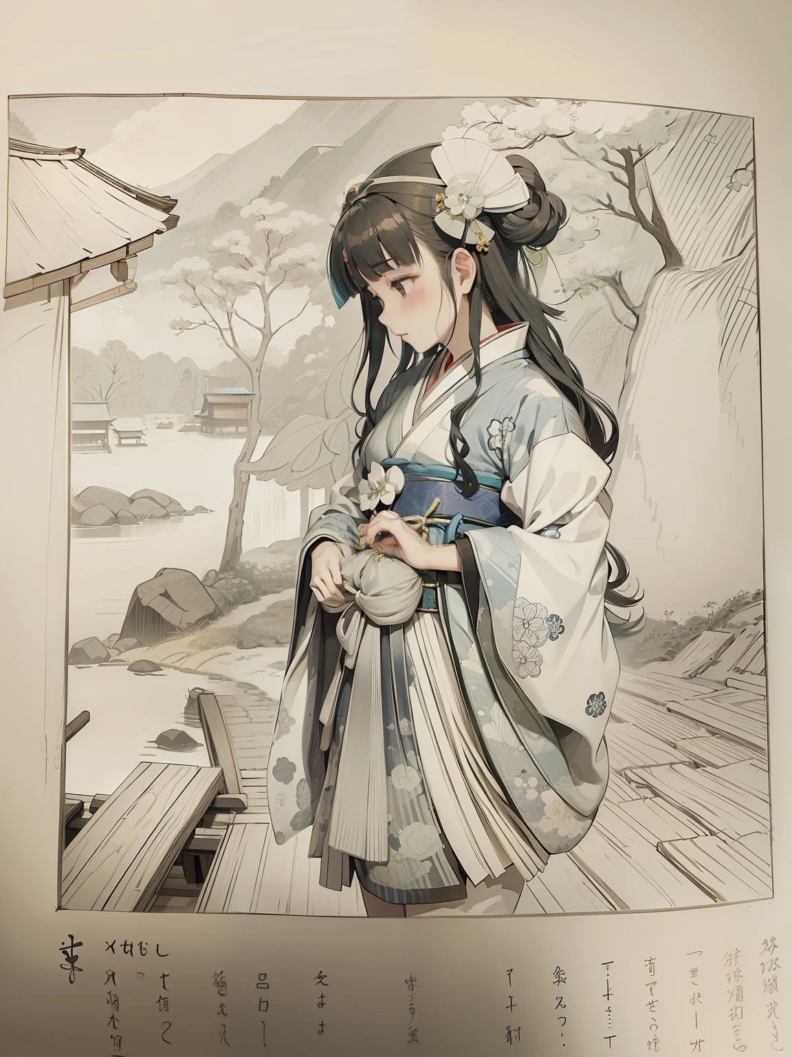 kawase hasui style,tukioka yositosi style,ukiyoe style,batiful princess,jyunihitoe kimono,sinkai anime,full color,red kimono
