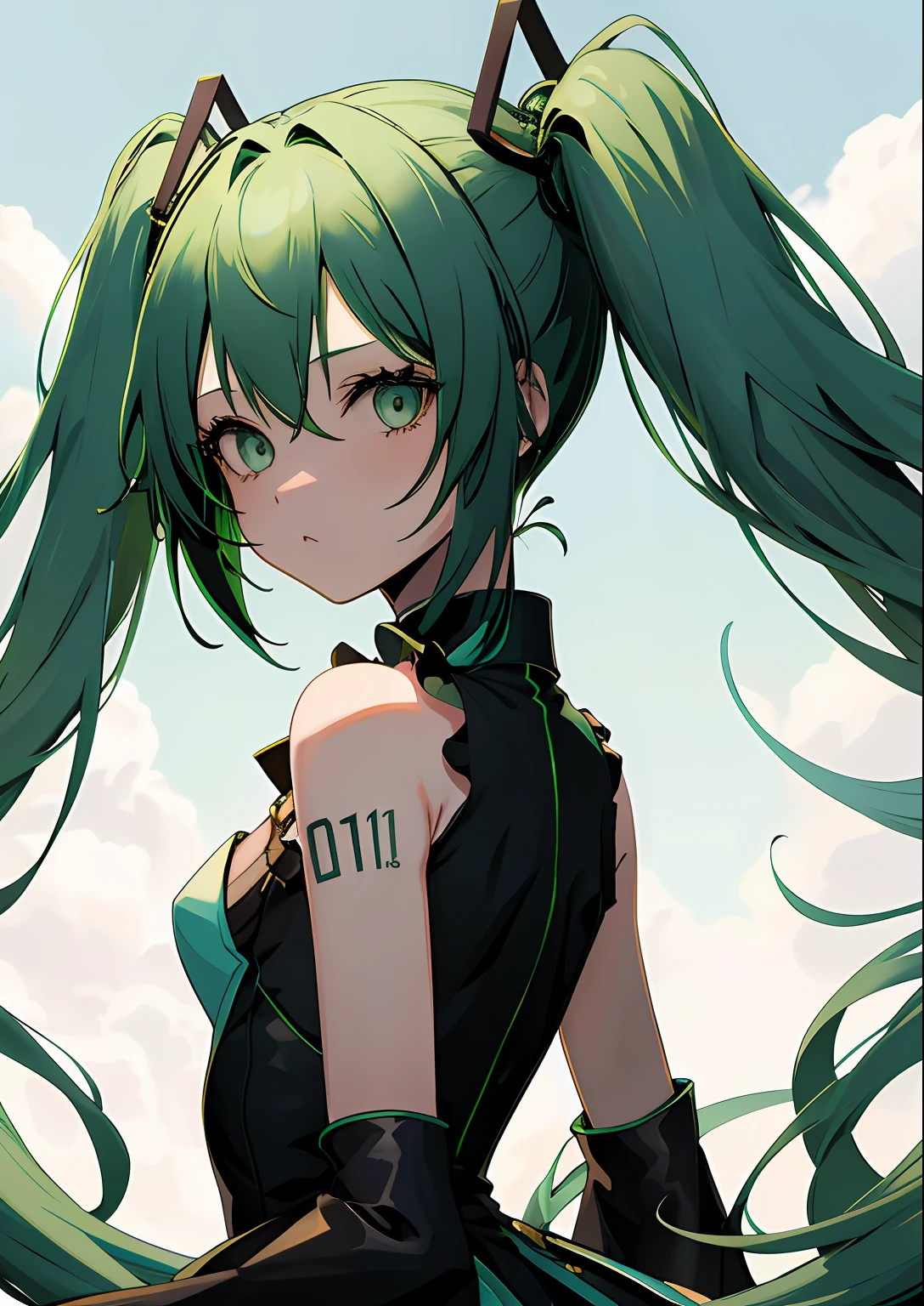 1girl in, Upper body, light green hair, miku hatsune,posterior view,Dark look