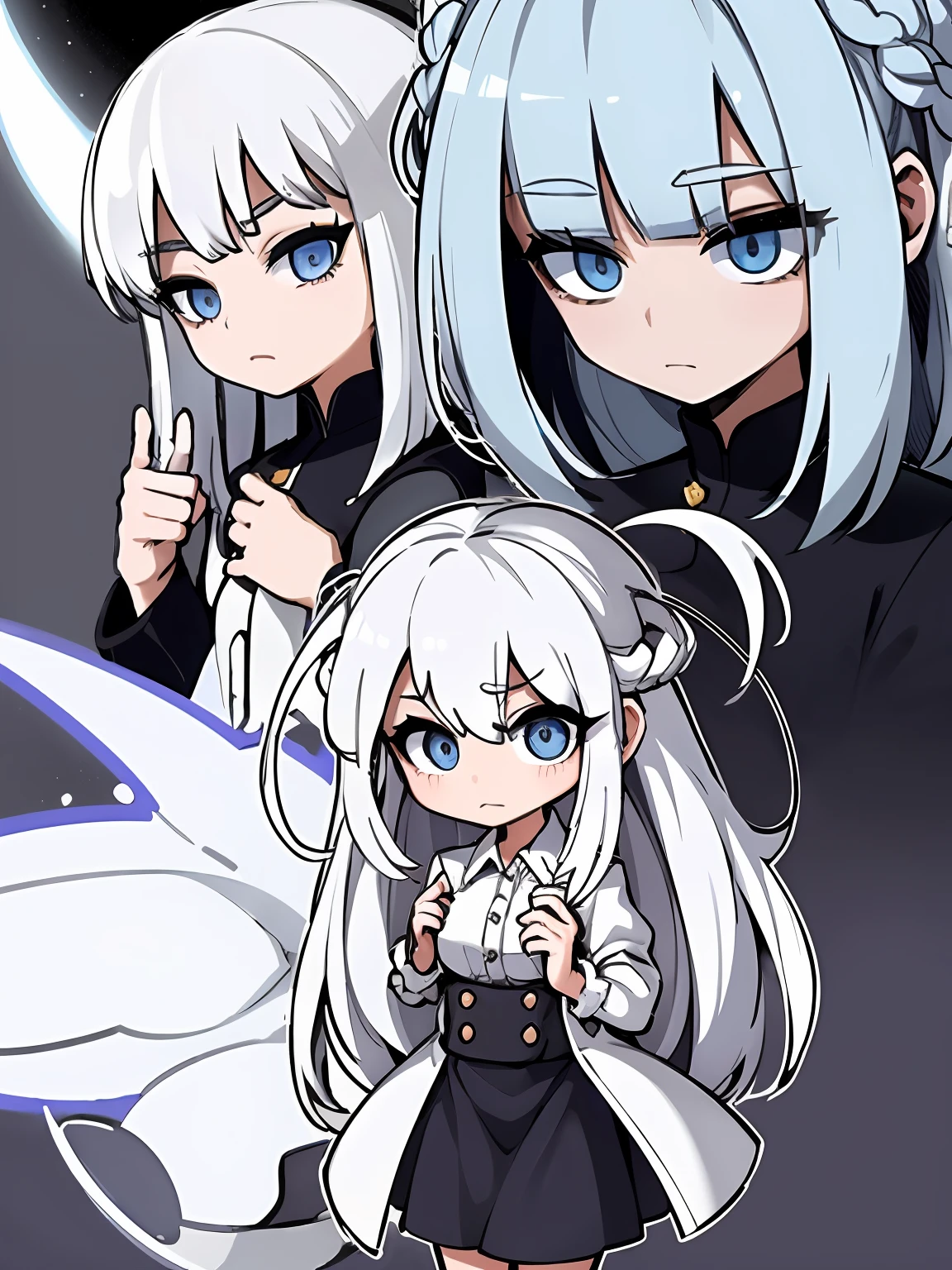 1girl in、((​masterpiece、top-quality))、(独奏)、(female focus)、(white  hair、length hair)、Aimei、Blue eyes、A look of bewilderment、A look of surprise、(White shirt)、(buttonGap)、(Black skirt)、is standing、White background、back arms、dynamic ungle