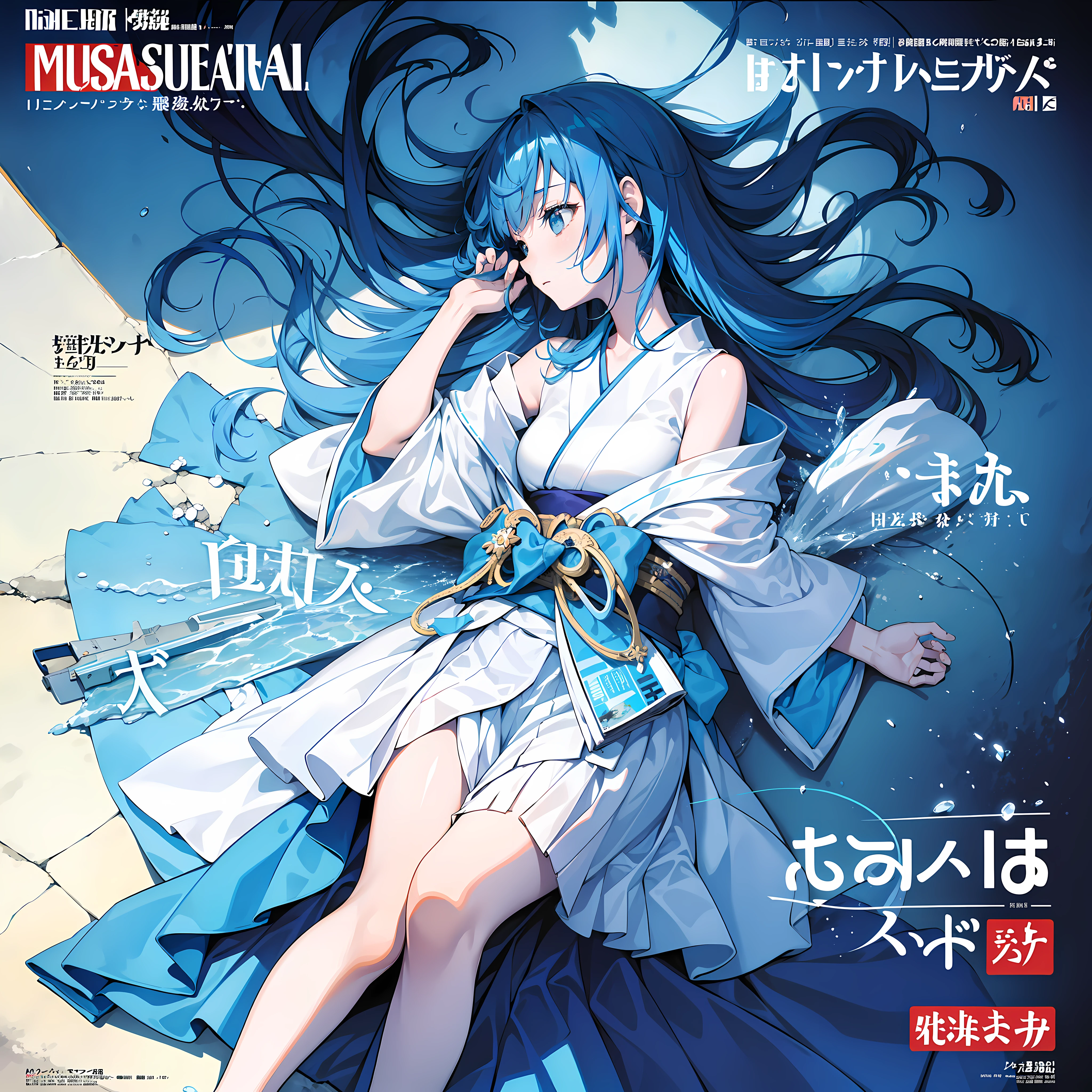 masterpiece, best quality, full body, (1girl), ((solo)), (fourteen years old), (dress princess), (Messy Japanese Round Haircut for Thick Hair), (blue hair), (magazine:1.3), (cover-style:1.3), fashionable, Under water, fantasy,