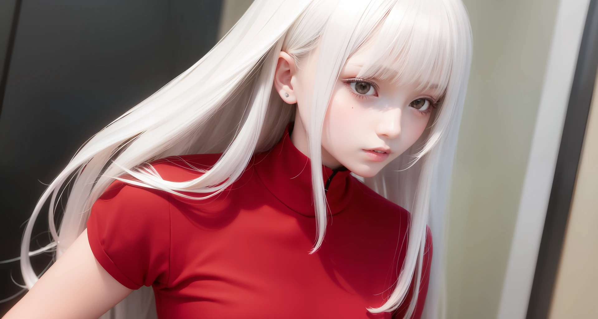 Long white hair, red clothes, leaky shoulders, handsome, girl, bangs
